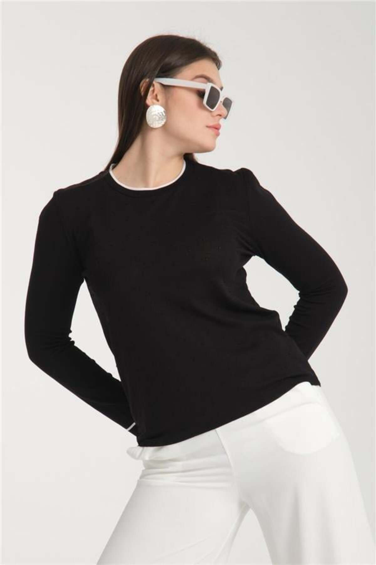 Moda Days-Thin Fabric Women's Black Garnished Crew Neck Knit Blouse 6