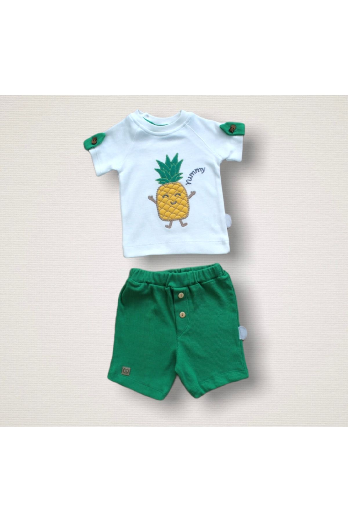 Fashi10 6-9 9-12 12-18 Ay Ananas Nakışlı Kısa Kollu Sweatli Şortlu 2li Kız-erkek Bebek Takımı Yeşil