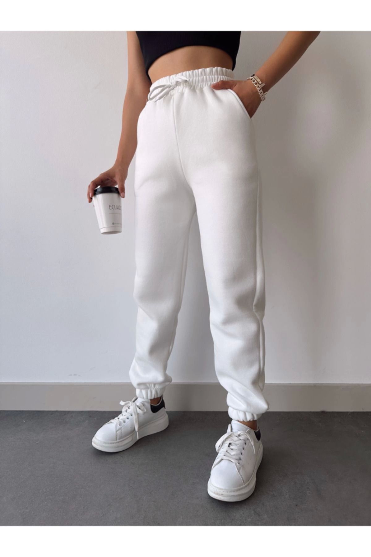 nedo7-White Basic Elastic Sweatpants - Three Thread 4