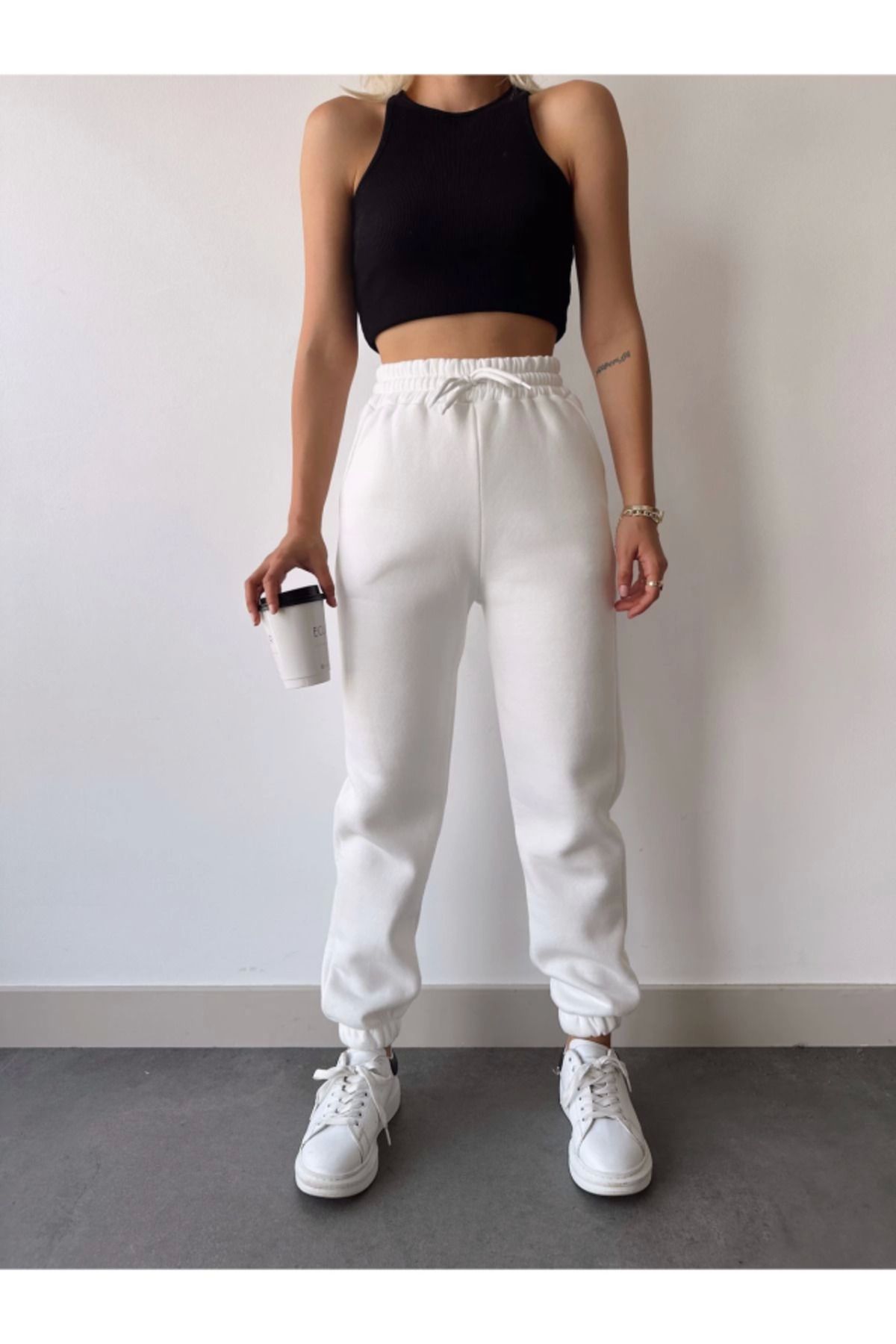 nedo7-White Basic Elastic Sweatpants - Three Thread 1