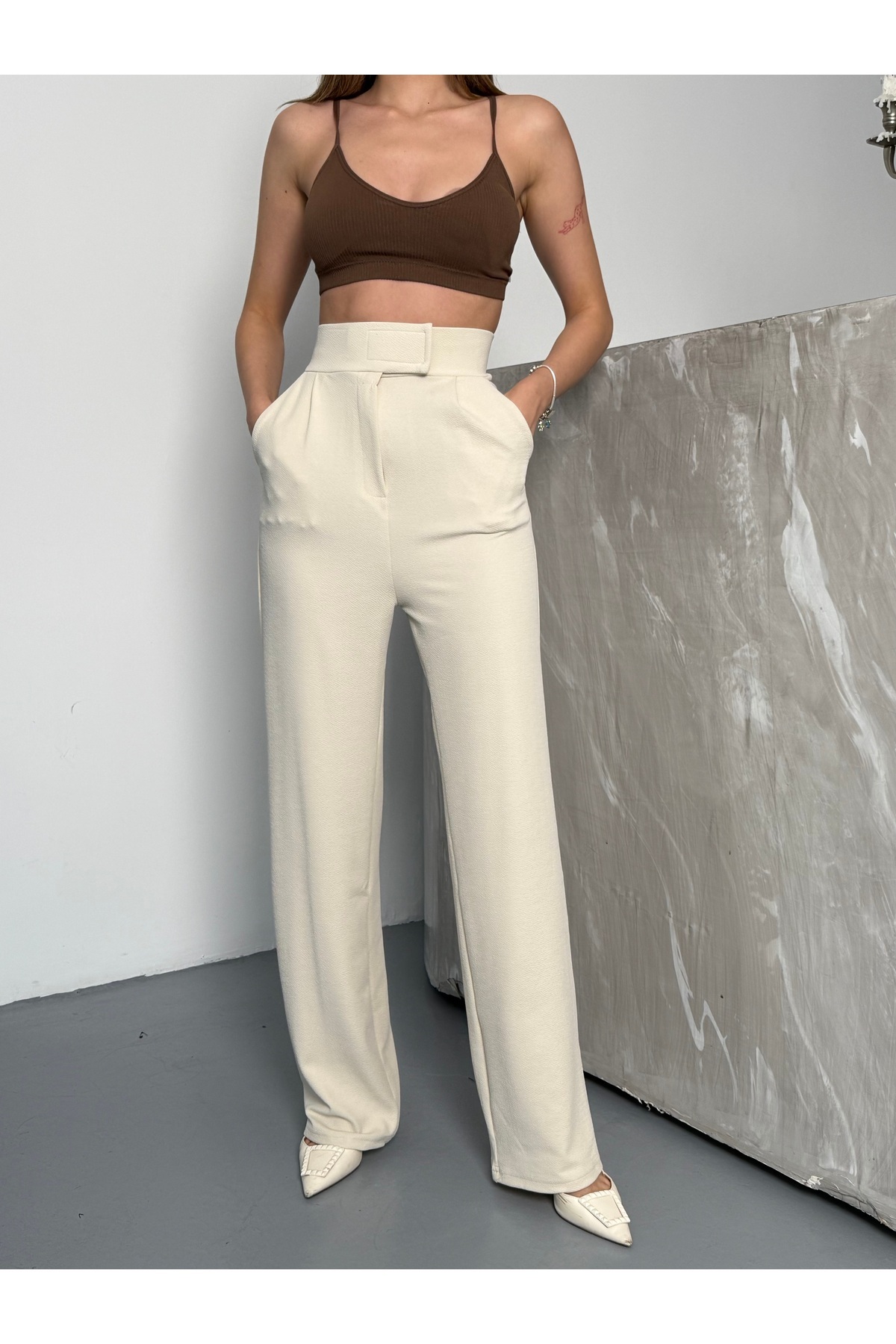 COMBİNE MİCHAİL-Beige Line Lycra Velcro Closure Palazzo Women's Trousers 7