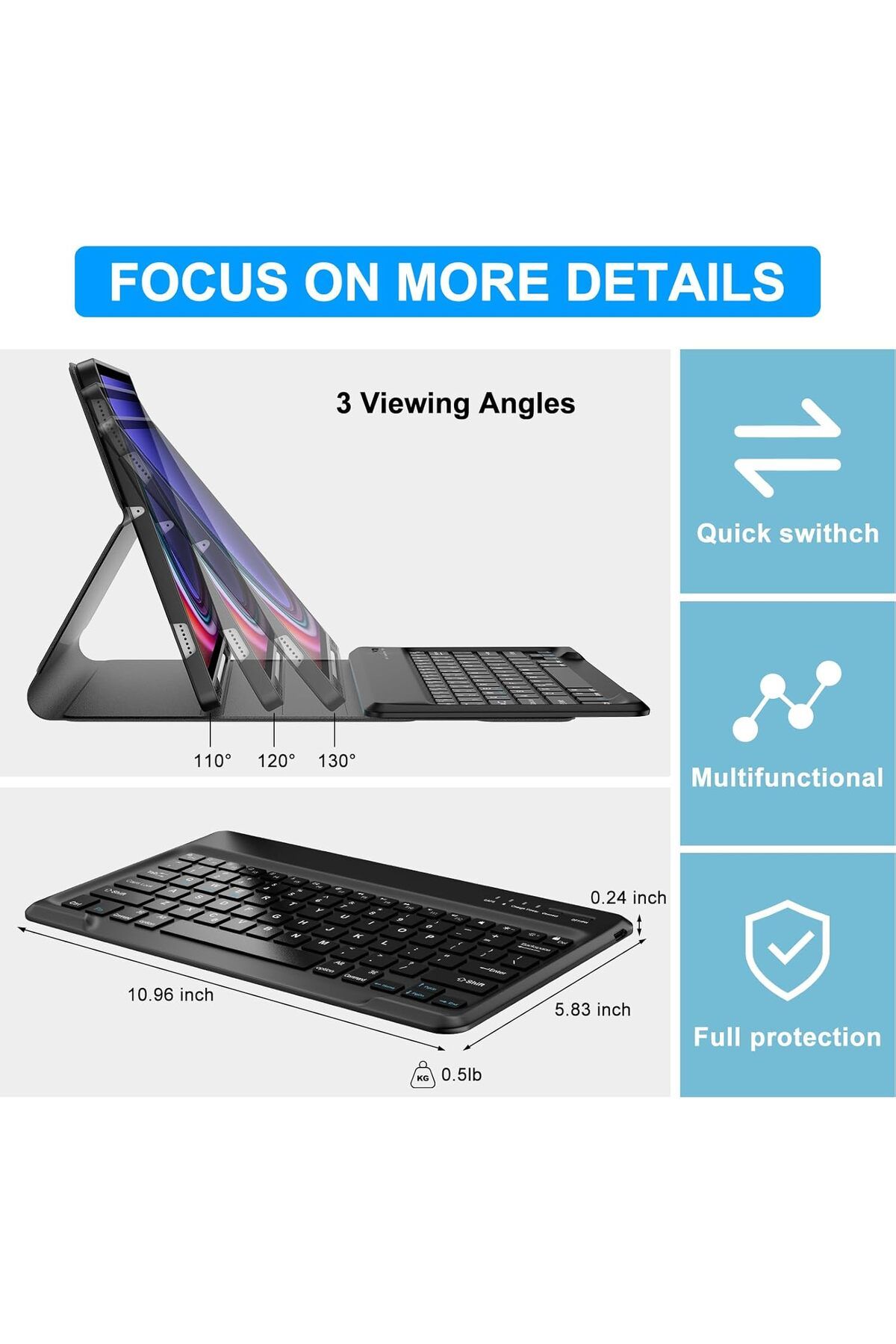 AWH-Keyboard Case for Galaxy Tab S9 FE + 5G, 12.4", Bluetooth Keyboard, Smart Folio, Black 5