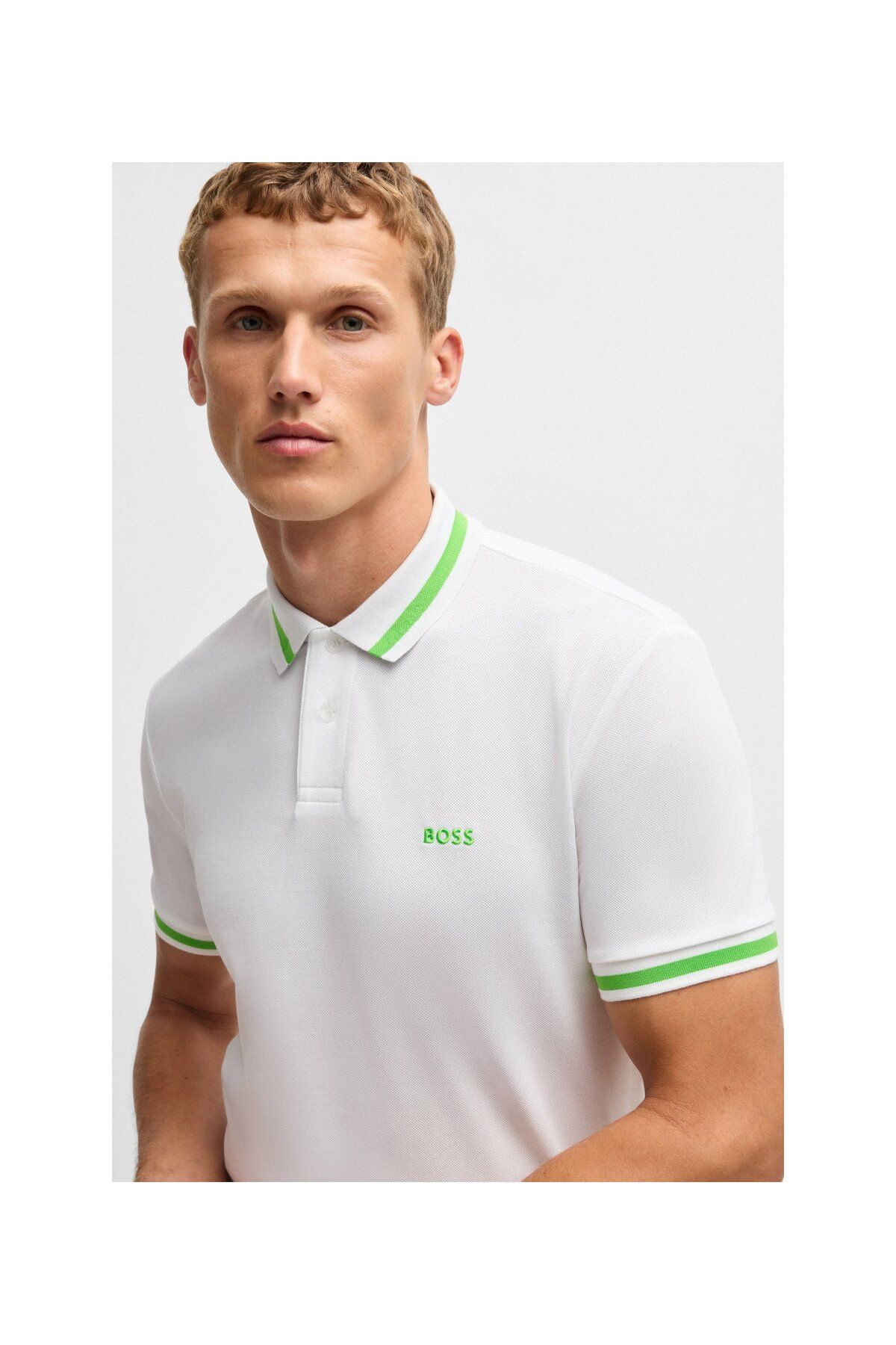 تی شرت یقه پولو سفید مردانه پنبه ، کنتراست مفصل چوگان yaka t shirt BOSS