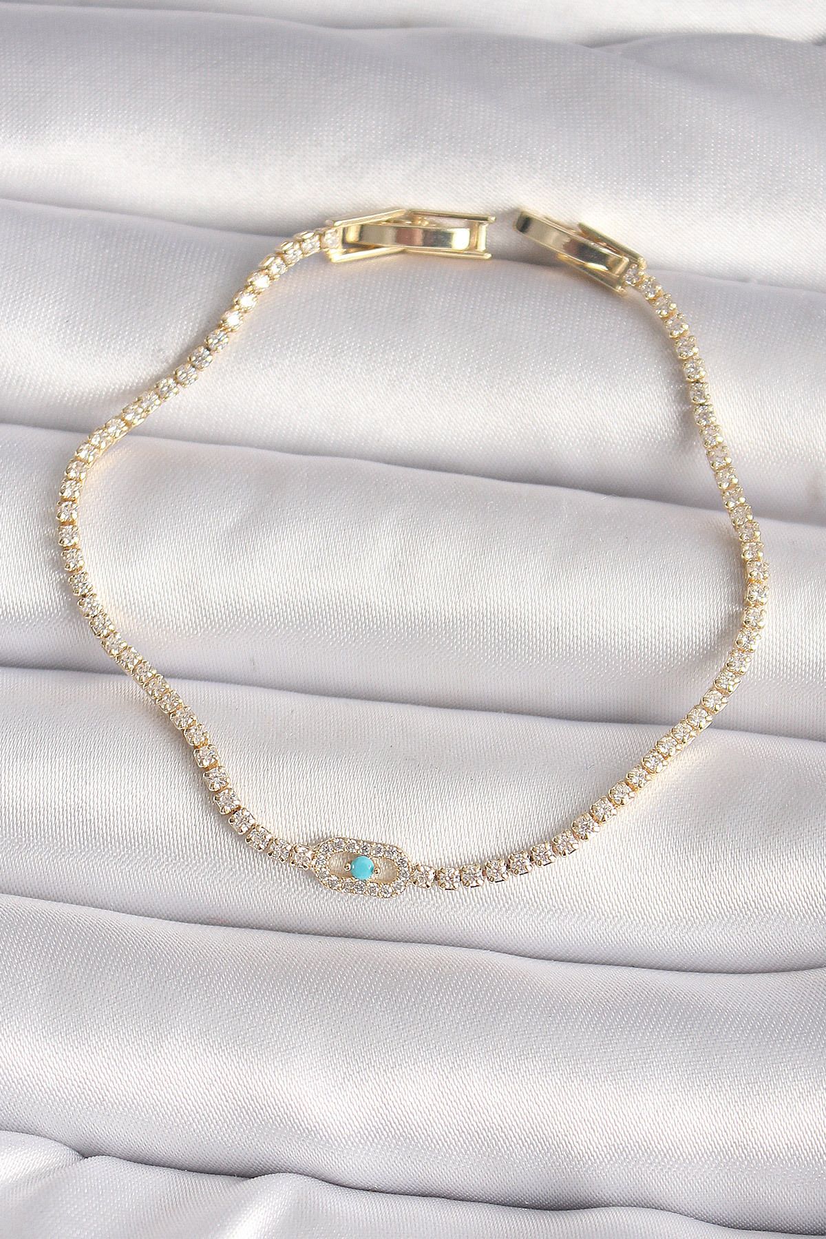 MMB Boutique Pirinç Gold Renk Su Yolu Zirkon Taşlı Mavi Taşlı Messika Model Kadın Bileklik