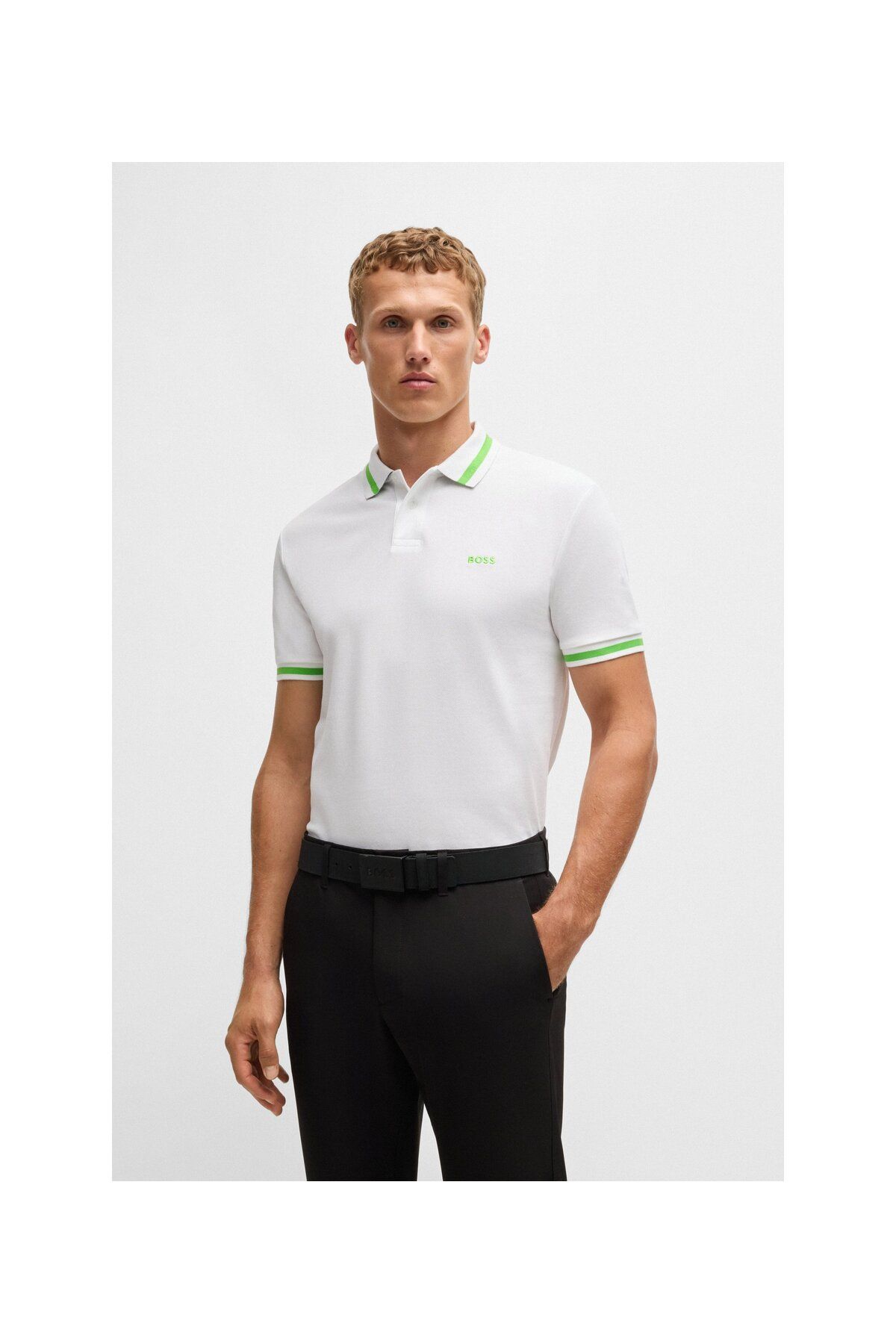 تی شرت یقه پولو سفید مردانه پنبه ، کنتراست مفصل چوگان yaka t shirt BOSS