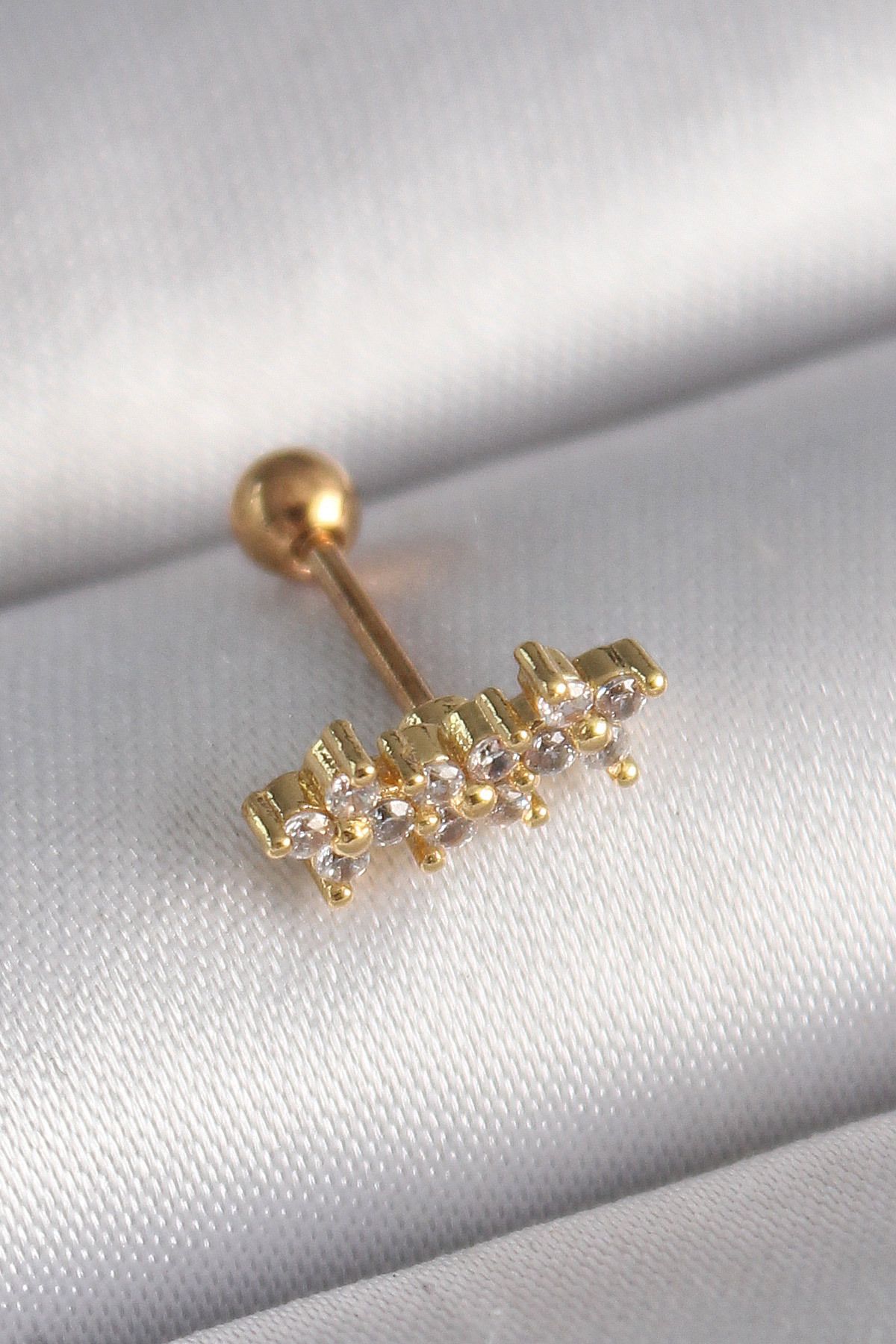 robotrend 316L Çelik Gold Renk Zirkon Taşlı Yonca Tragus Piercing