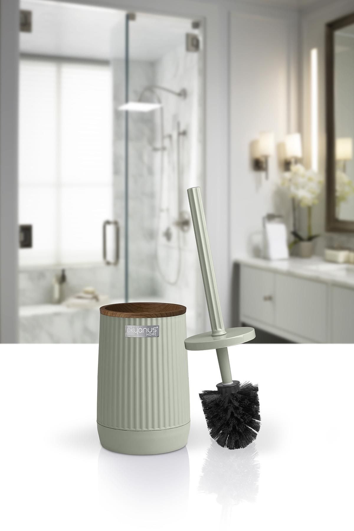 Okyanus Home-Nida Green Wooden Patterned Eco Wc Brush Holder 2