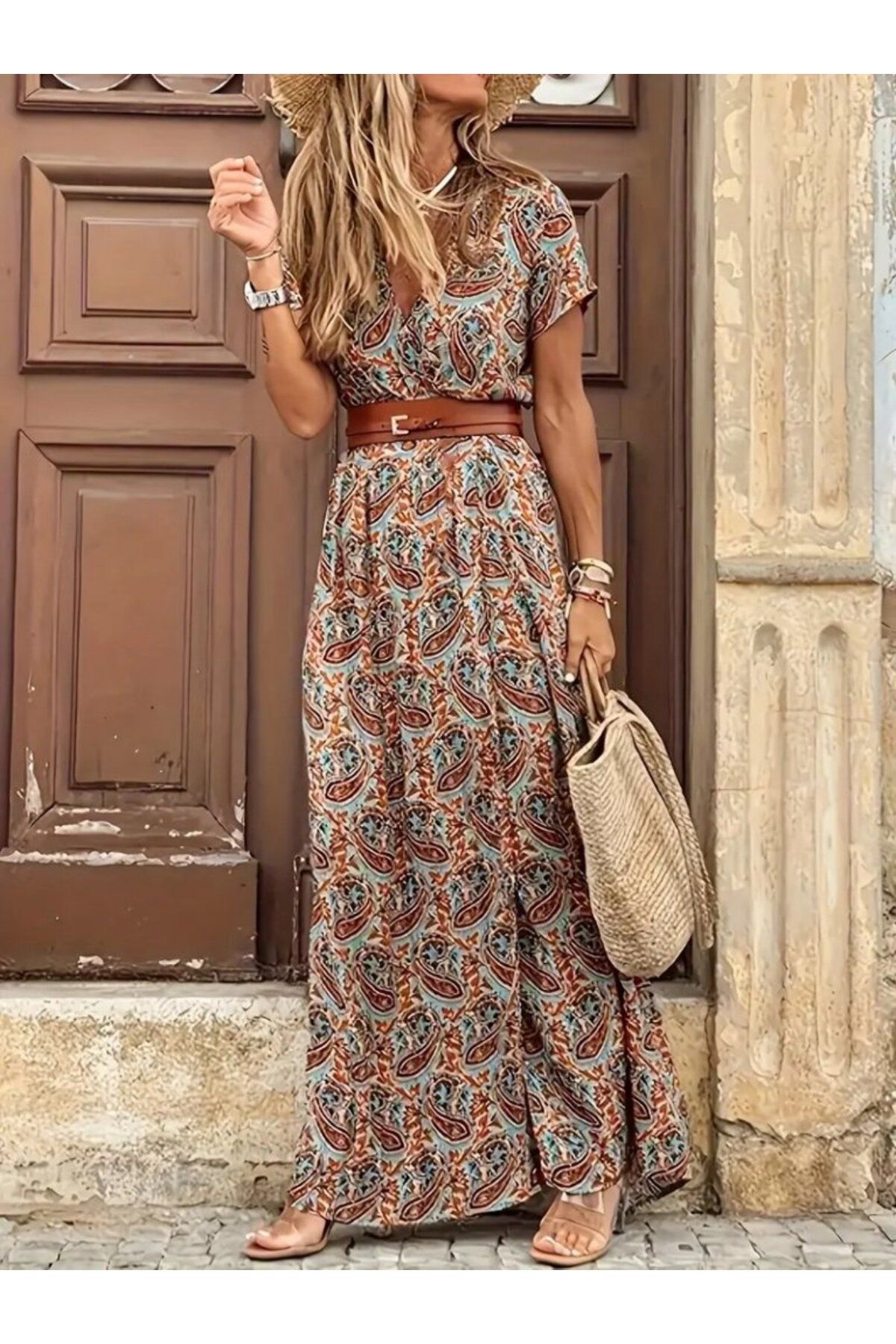 velmorafashion Kadın Kısa Kollu V Yaka Etnik Desenli Yırtmaç Detay Süprem Elbise (kemersiz)