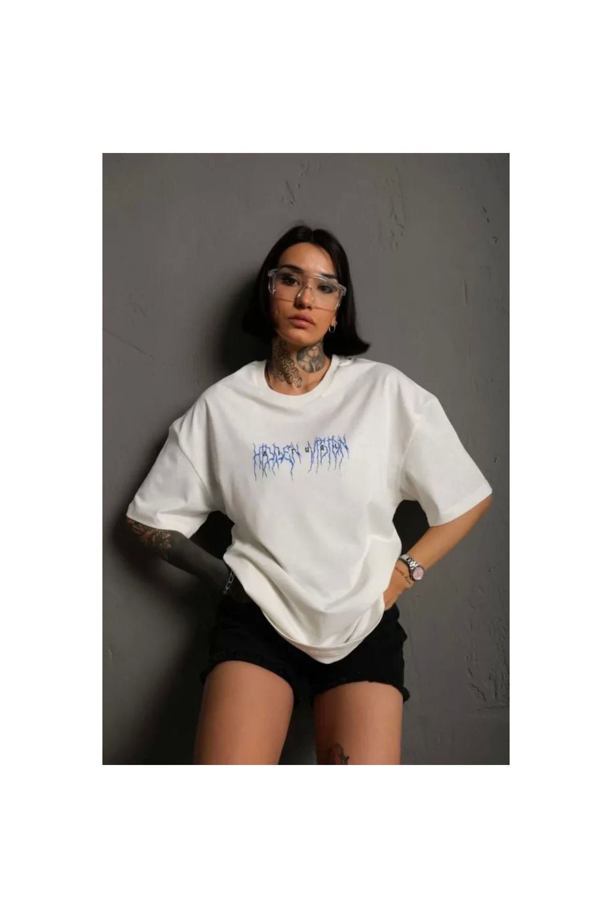 Narnuga Unisex Bisiklet Yaka Baskılı Oversize TShirt