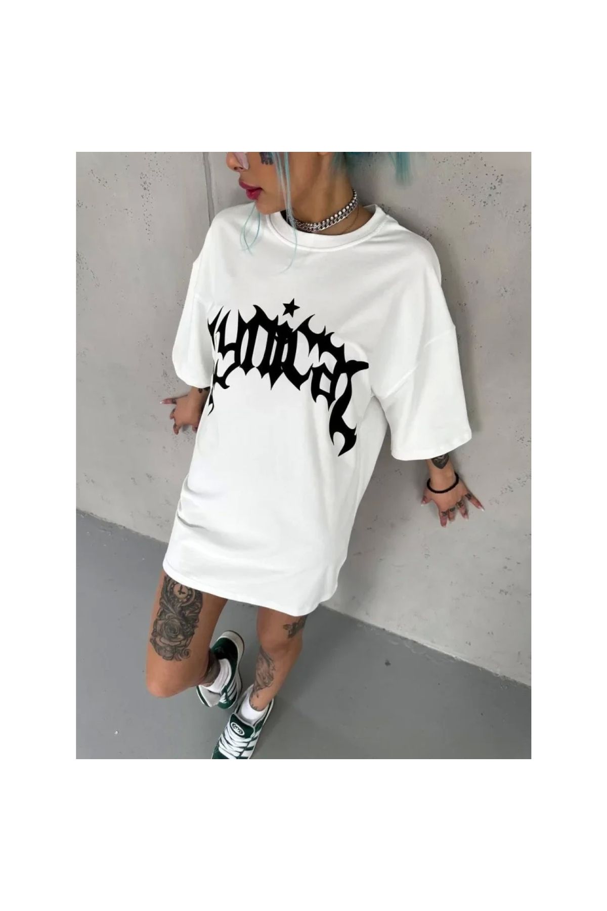 Narnuga Unisex Bisiklet Yaka Baskılı Oversize TShirt