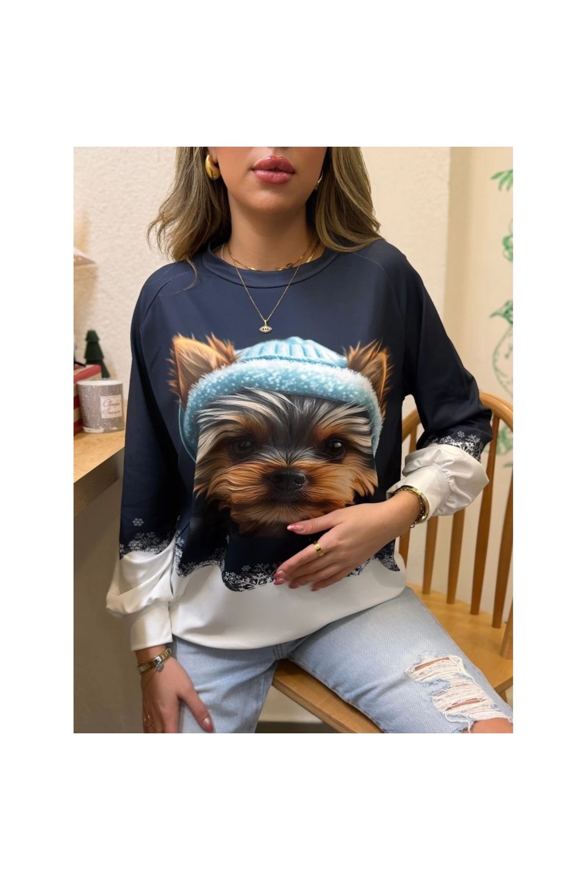 Narnuga Kadın Uzun Kollu Bisiklet Yaka Köpek Baskılı şardonlu Dalgıç Bluz
