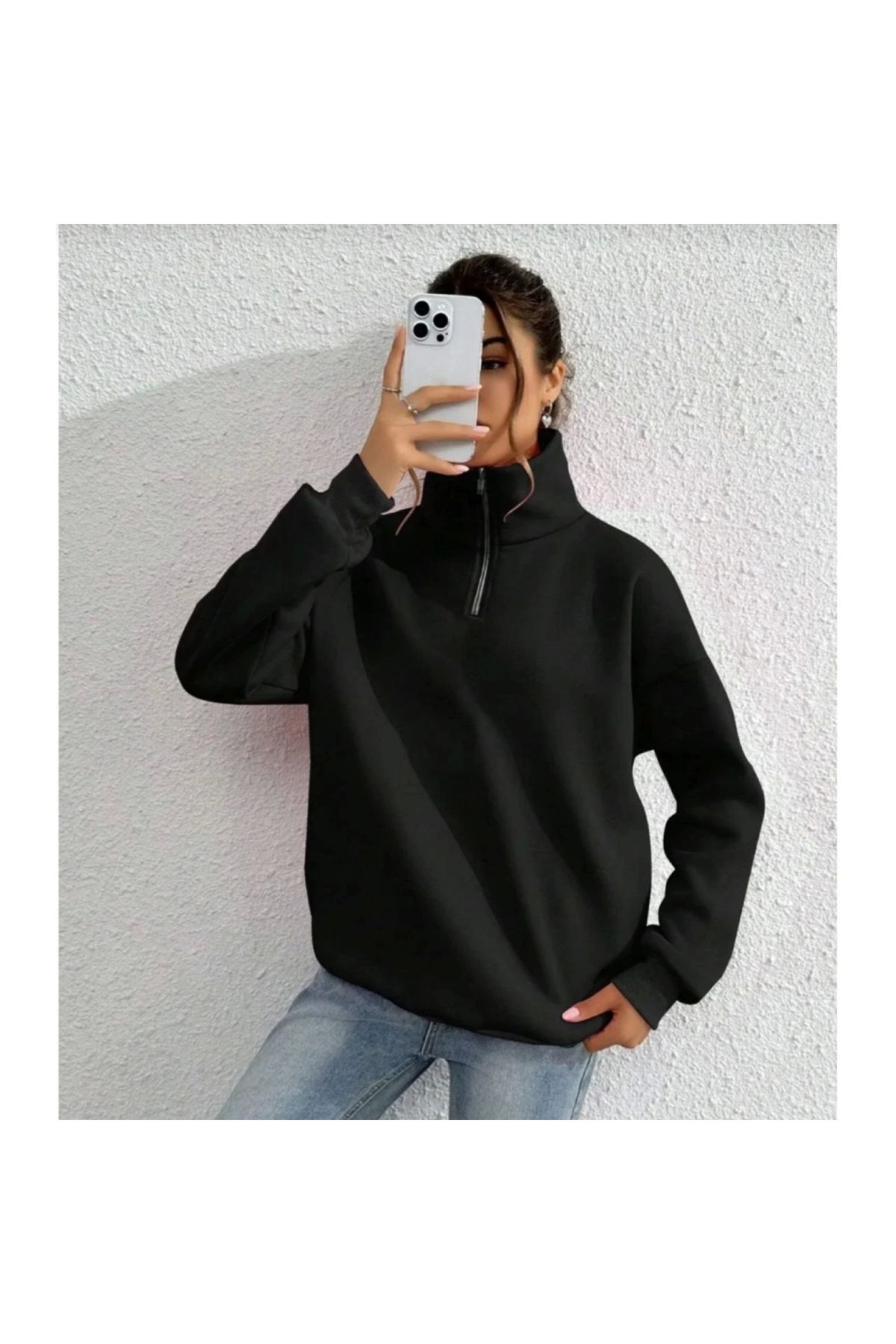 Narnuga Unisex Uzun Kol Yarım Farmuarlı Yakalı Basic SweatShirt