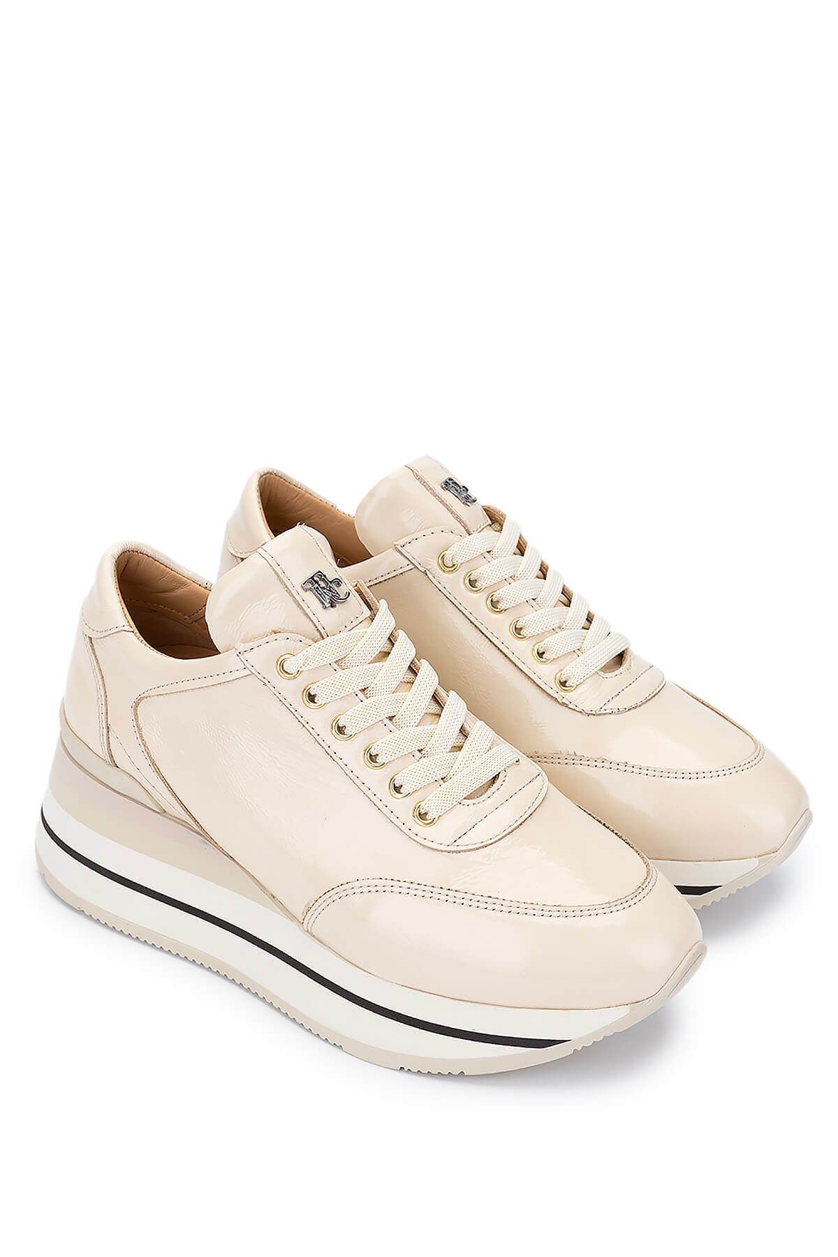 Tamer Tanca-Women's Genuine Leather Beige Patent Leather Sneakers & Sports Shoes 2