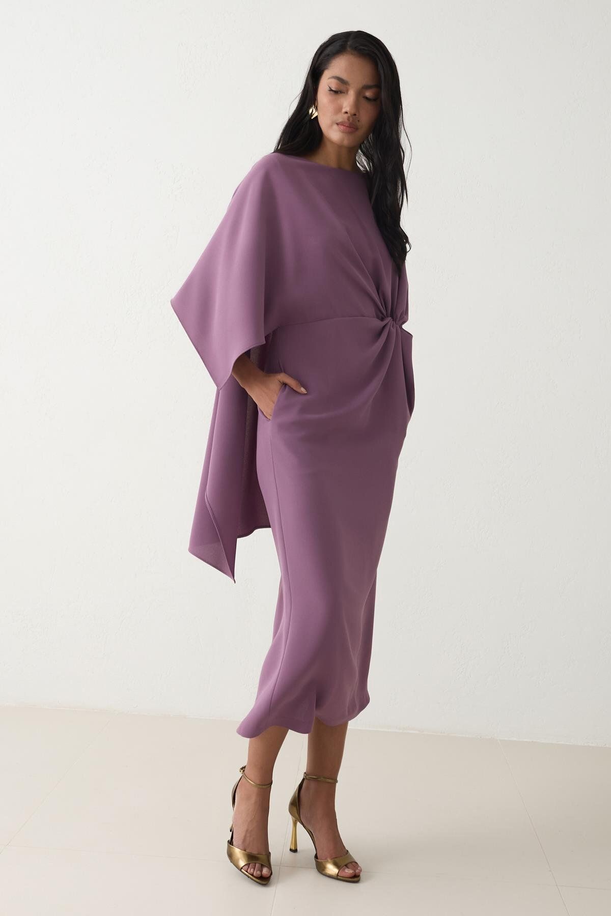 Setre-Purple Boat Neck Waist Drawstring Detail Long Sleeve Midi Length Dress 5