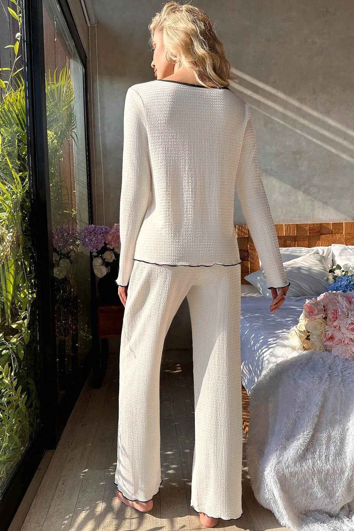 Merry See Özel Örme Kumaş Düğmeli Uzun Kollu Pijama Takımı görsel 2