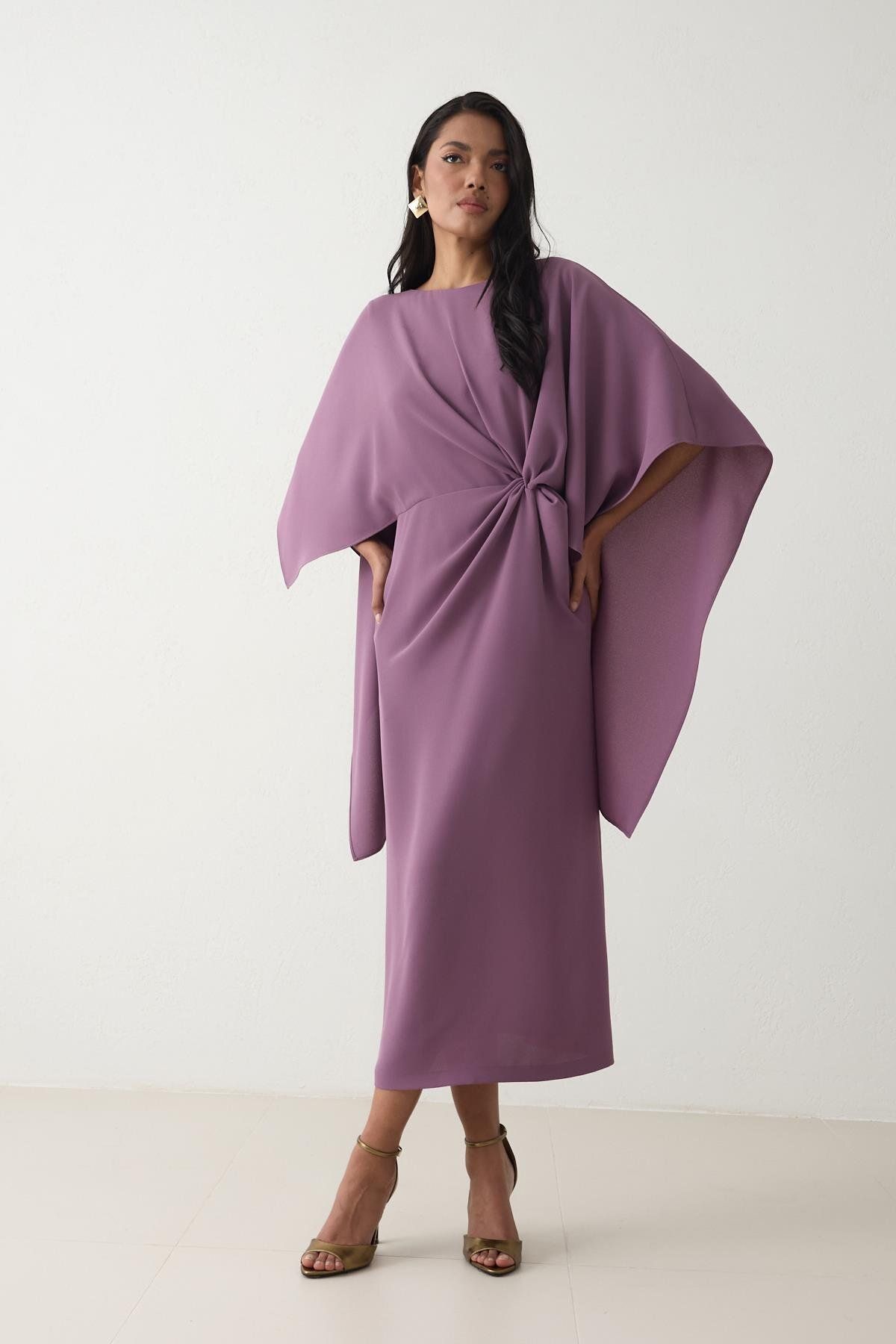 Setre-Purple Boat Neck Waist Drawstring Detail Long Sleeve Midi Length Dress 2