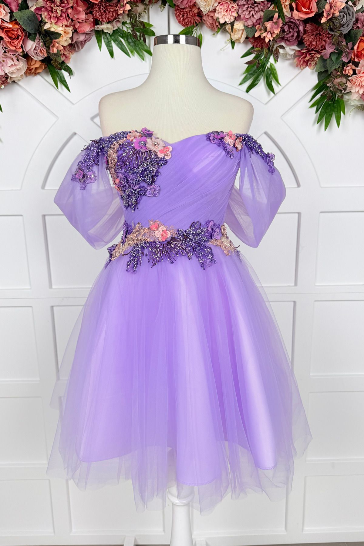 Lenta Moda-Lilac Colored Three-Dimensional Lace Detailed Mini Tulle Evening Dress and Evening Dress 2