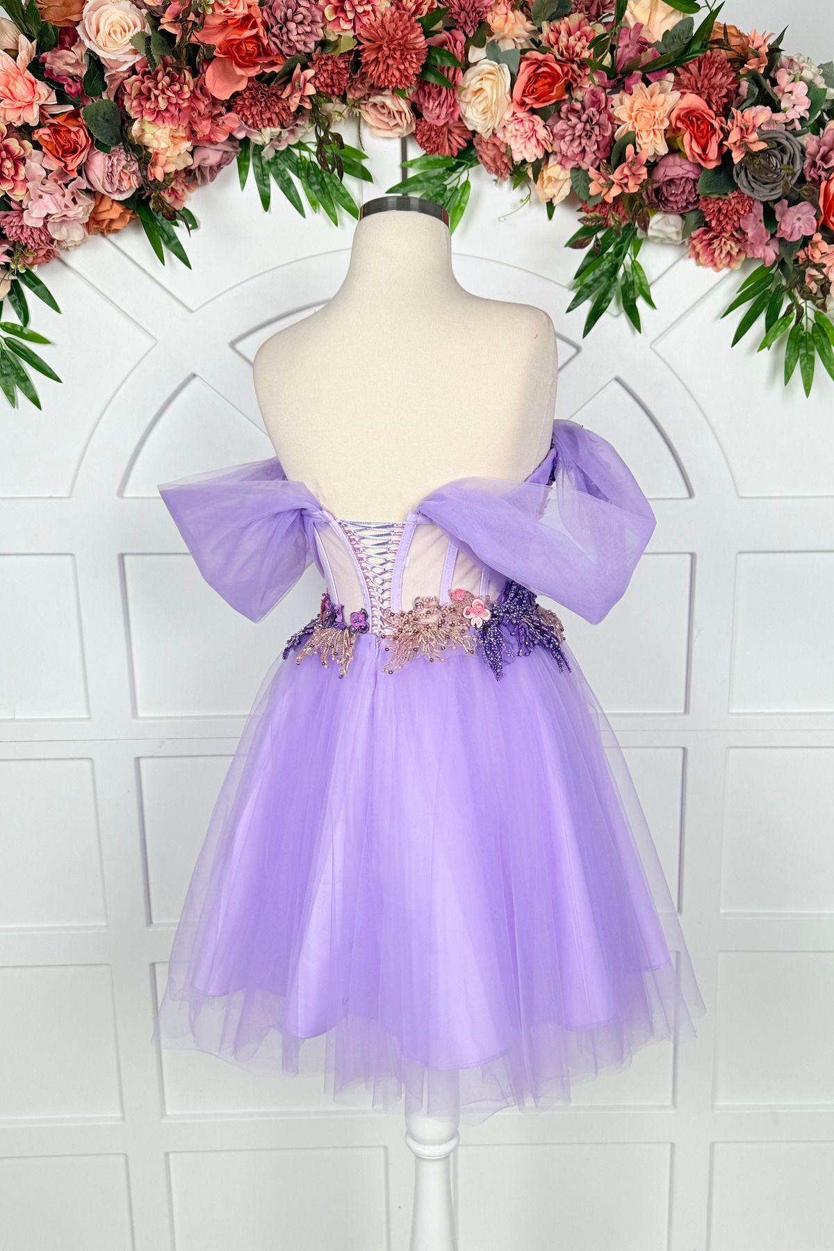 Lenta Moda-Lilac Colored Three-Dimensional Lace Detailed Mini Tulle Evening Dress and Evening Dress 4