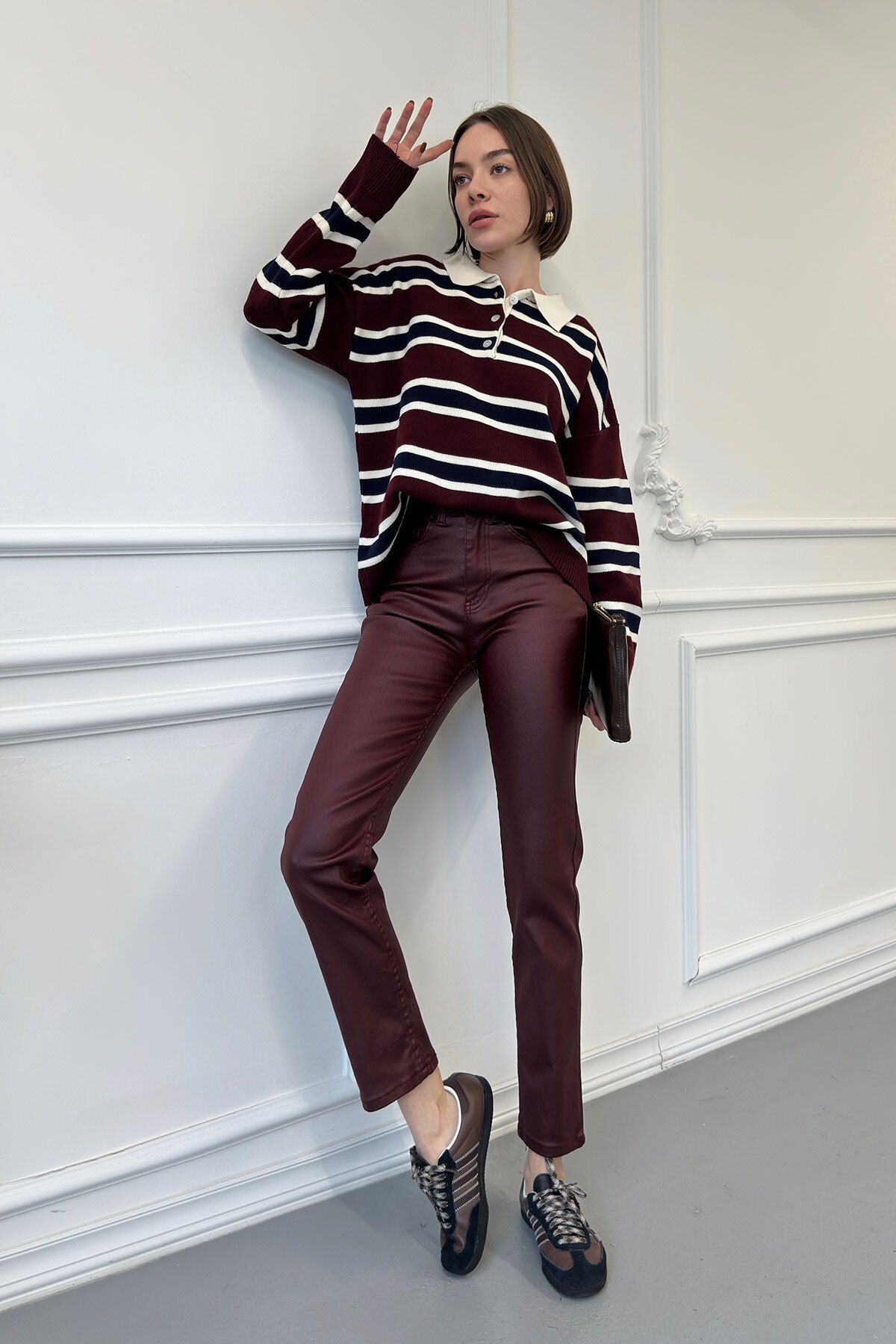 MAGARDE-Burgundy Coated Boyfit Jeans 1