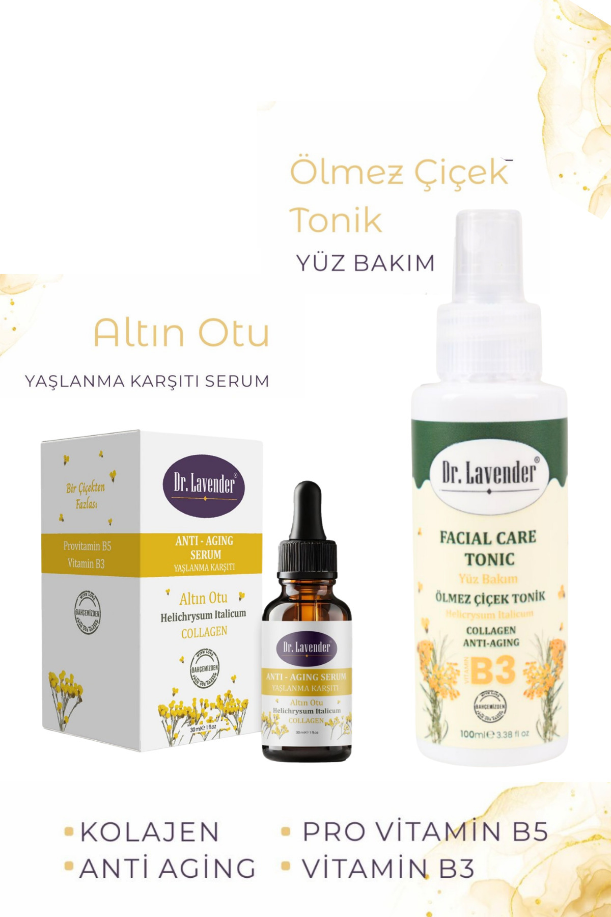 Dr.Lavender Altın Otu & Ölmez Çiçek Yaşlanma Karşıtı Serum & Yüz Bakım Tonik Kolajen B3 B5 Anti Aging Bakım Seti — DR ALTNTNK