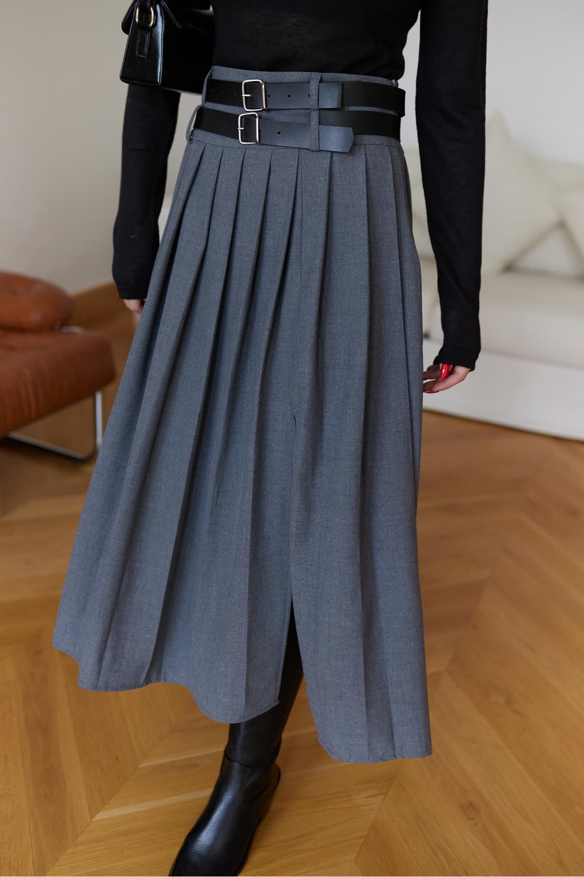 Askı Nişantaşı-Gray Double Belted Pleated Skirt 2