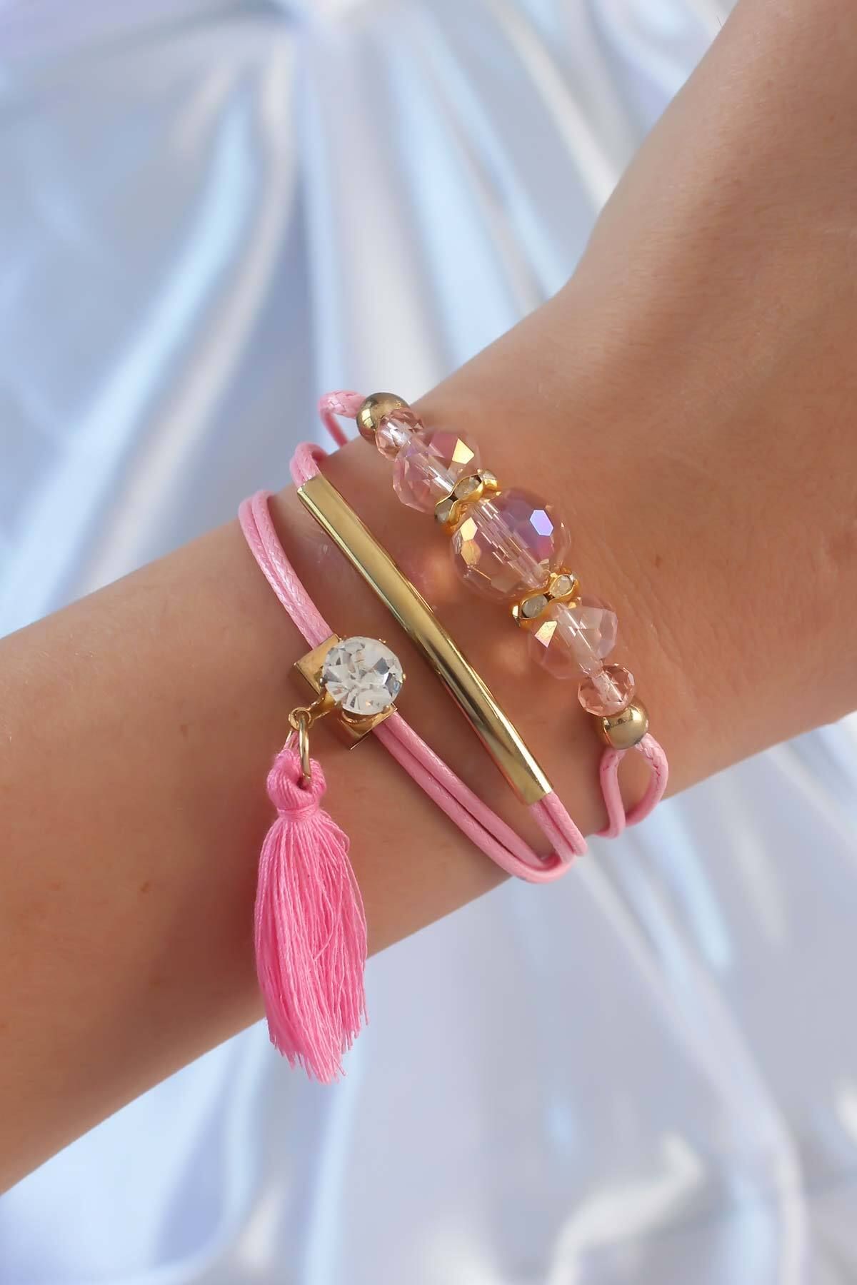 MMB Boutique Pembe Renk Zirkon Taşlı İpli Püskül Detay Çoklu Bileklik