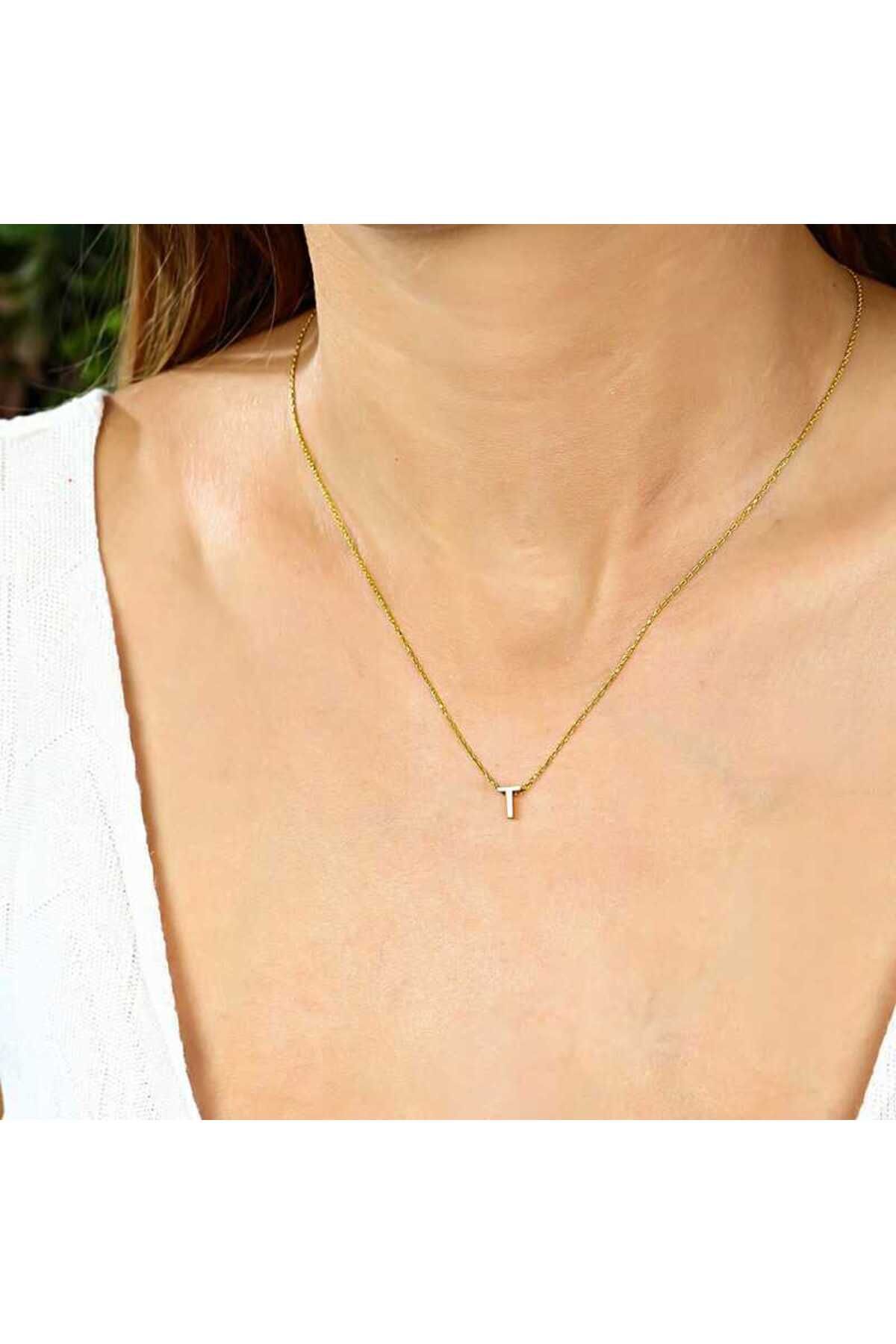 NİDAM BUTİK Gümüş Gold 3 Boyutlu T Harf Kolye