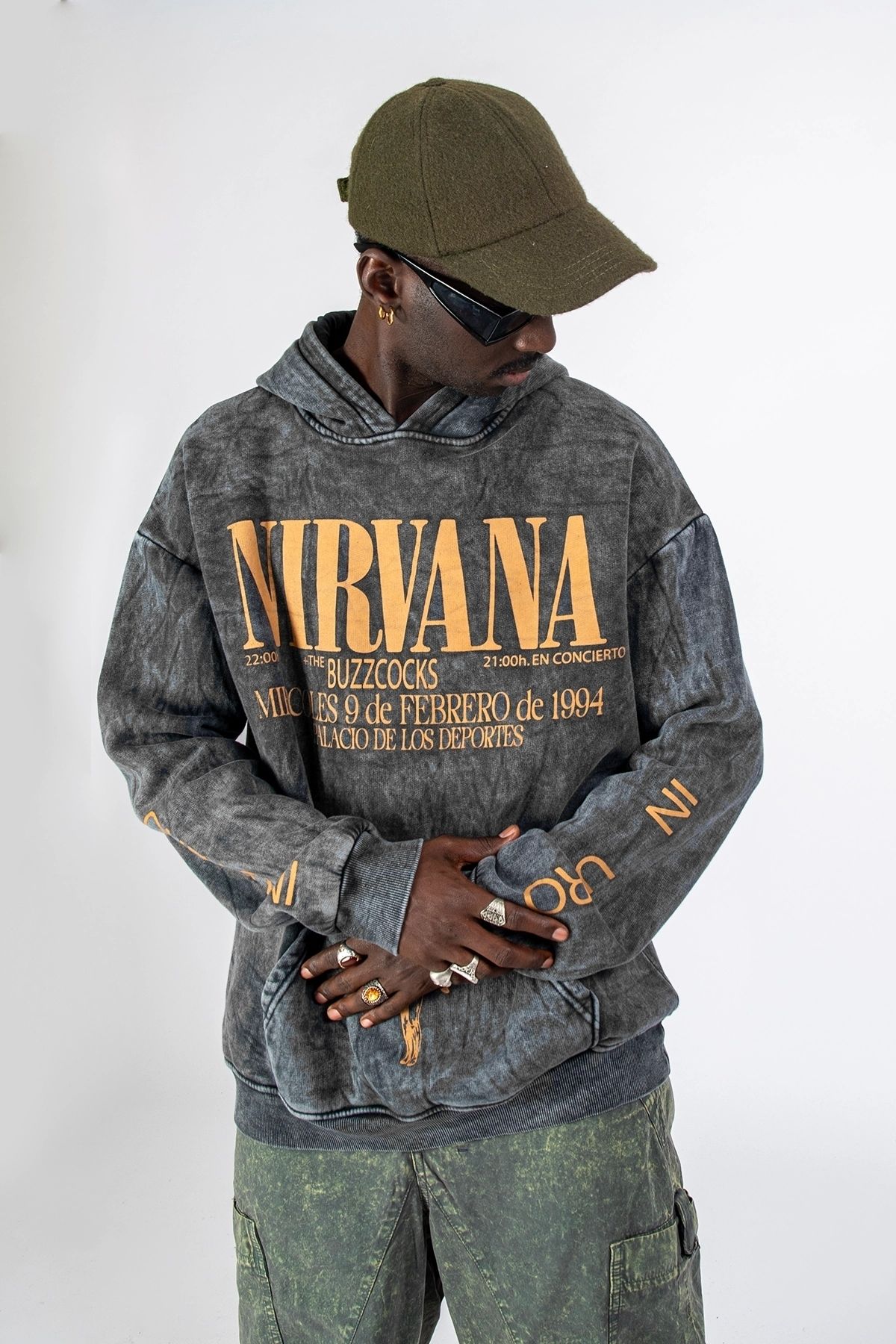 Sekizbiraltı-Hanorac supradimensionat unisex cu imprimeu spate Nirvana negru lavabil 3