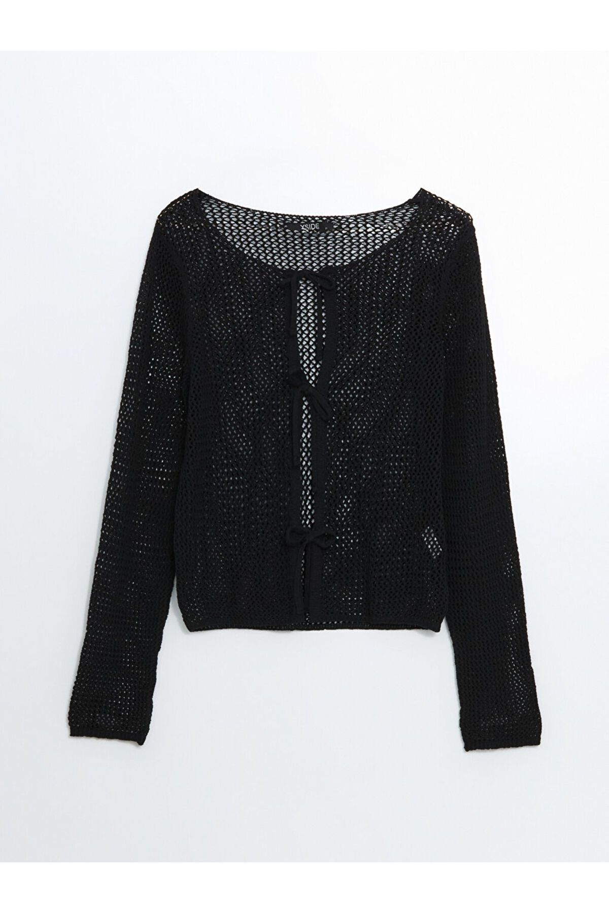 LC Waikiki-Black Boat Neck Openwork Women's Knitwear Cardigan 1