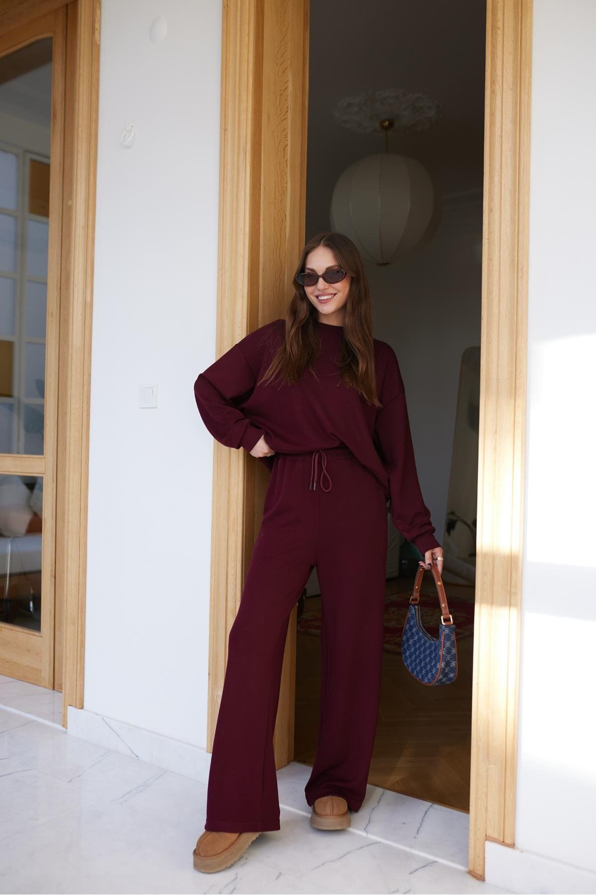 Askı Nişantaşı-Burgundy Oversize Long Sleeve Sweat Pants Set 1