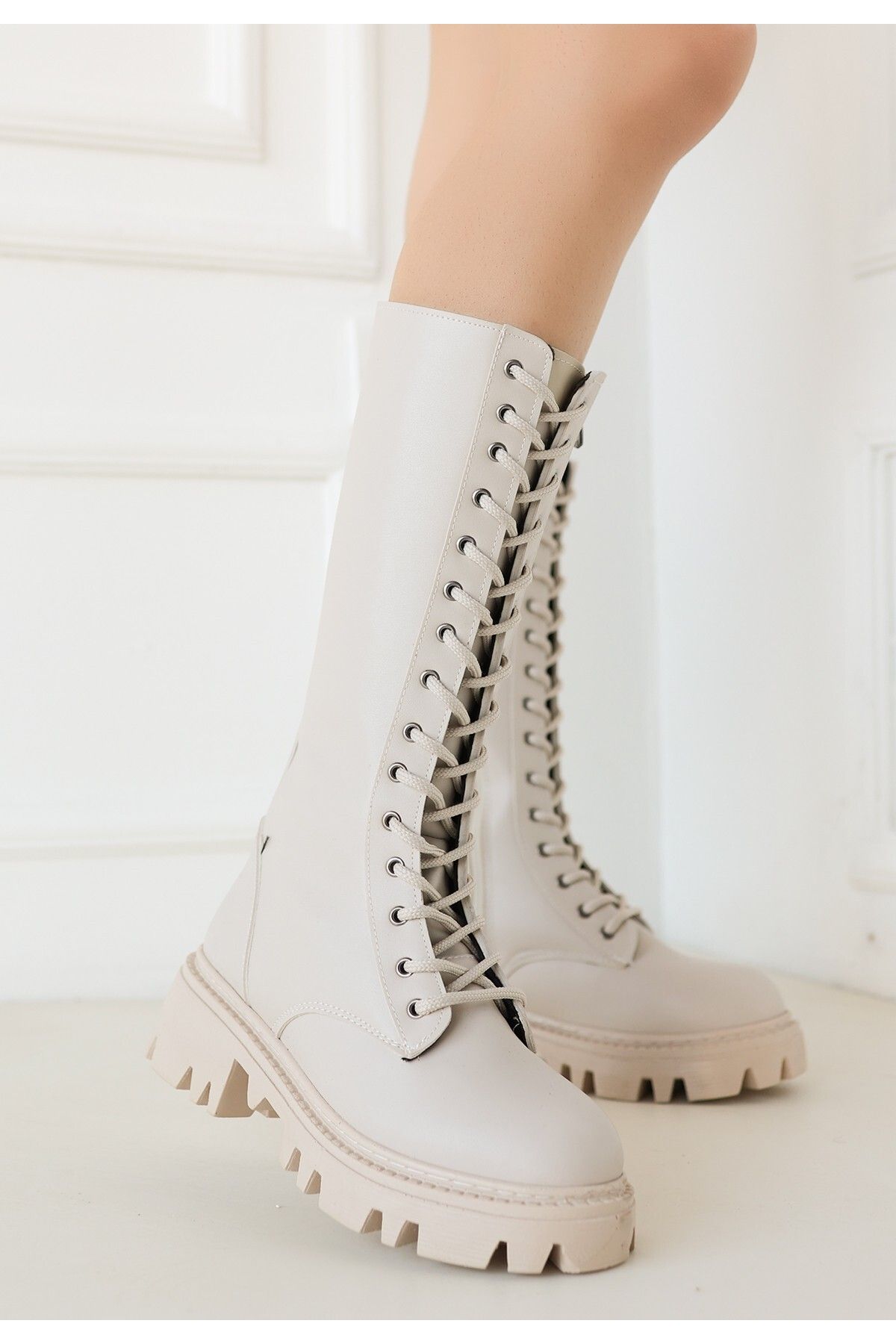 buHillco-Uliza Beige Leather Laced Boots 1