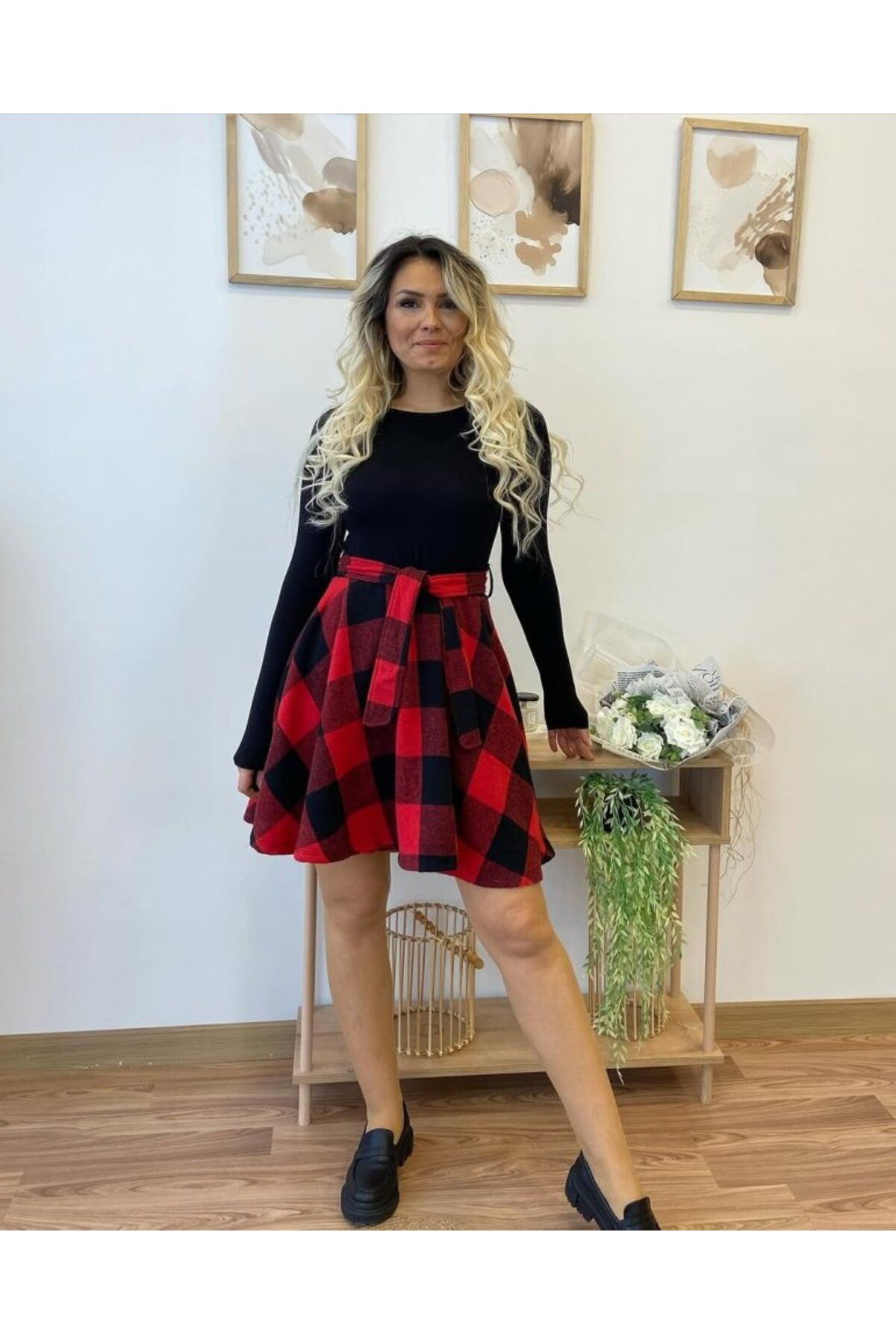 TİANA Kadın Uzun Kollu Bisiklet Yaka üst Viskon Alt Ekose Kısa Elbise