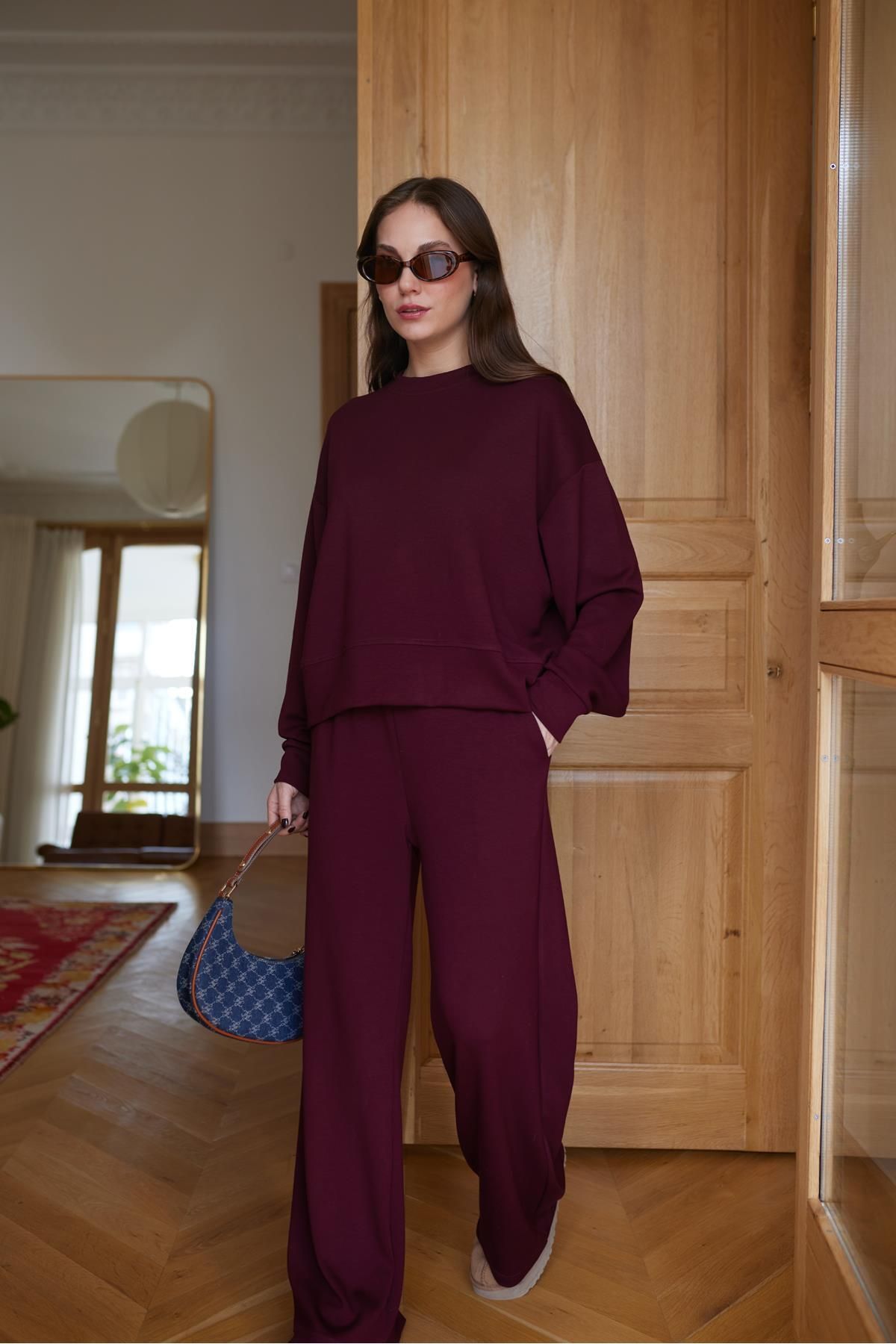 Askı Nişantaşı-Burgundy Oversize Long Sleeve Sweat Pants Set 2