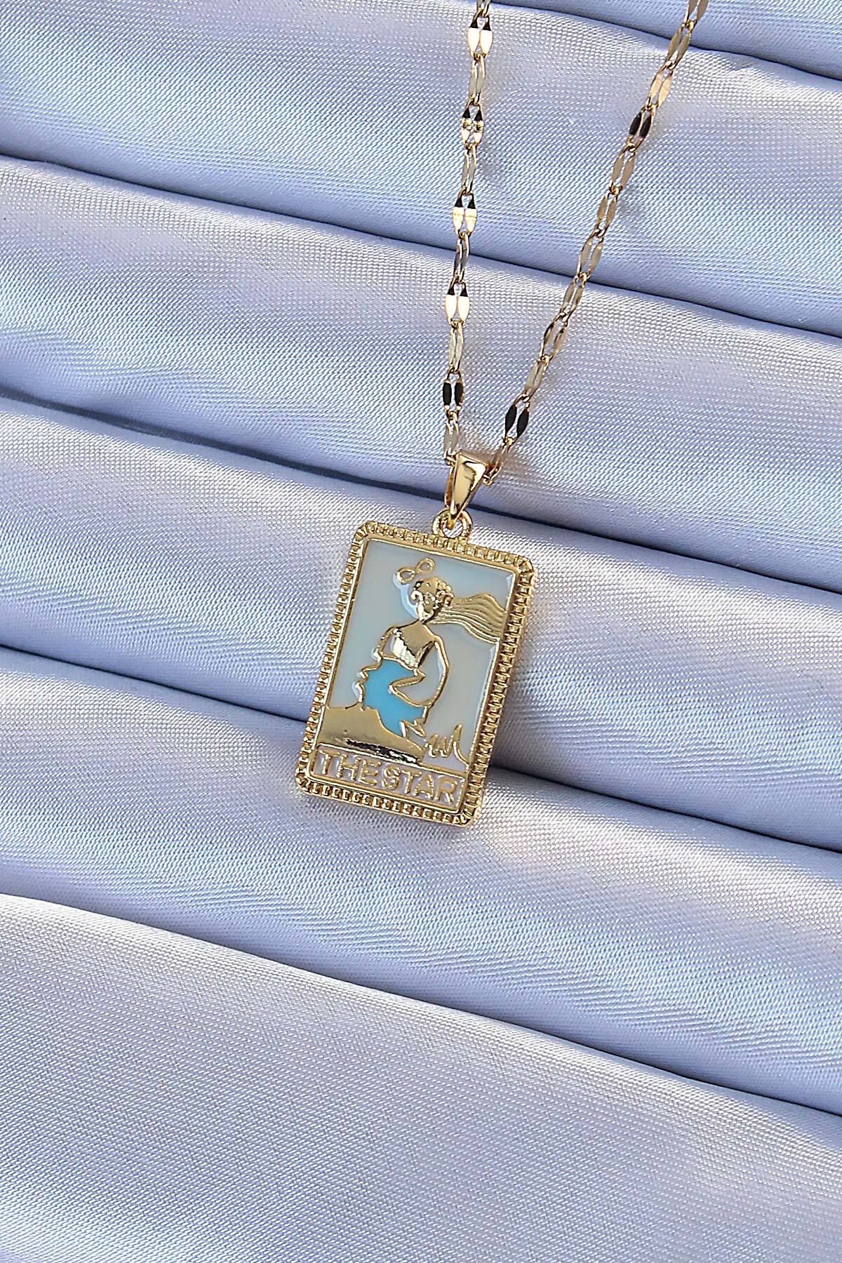 MMB Boutique 316L Çelik Zincir Altın Renk Mavi Mineli Tarot Kolye