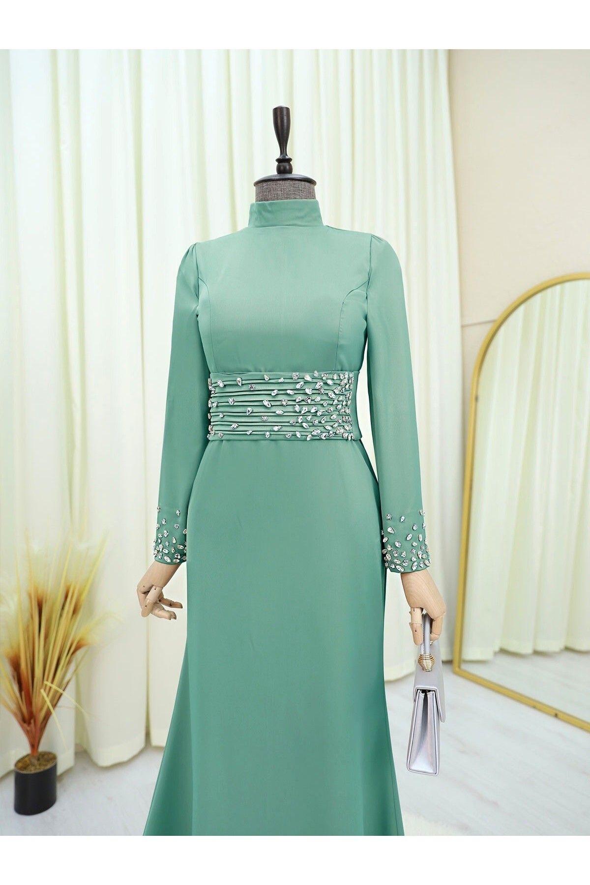 Modamorfo-Corset Belted Stone Satin Evening Dress - Water Green 2