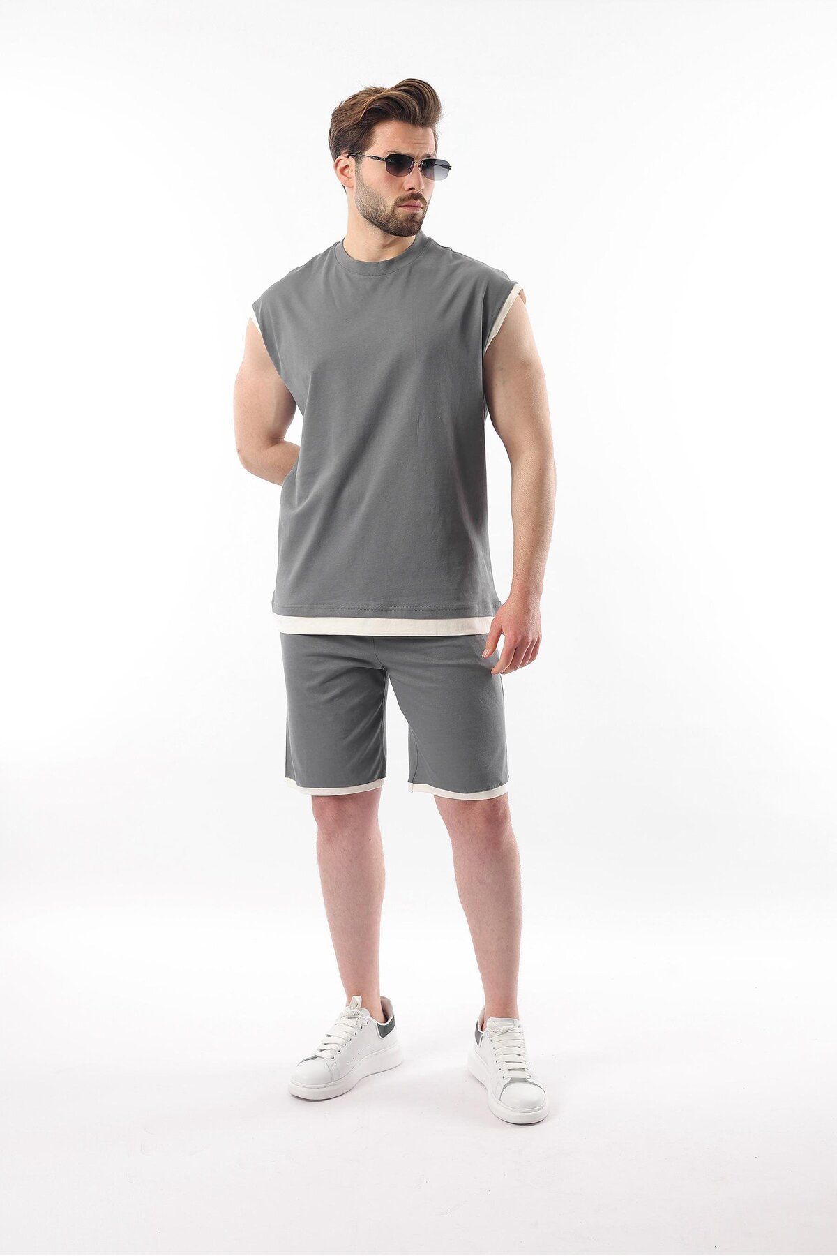 Madmext-Smoked Zero Sleeve Men's Shorts T-Shirt Set E7308 1