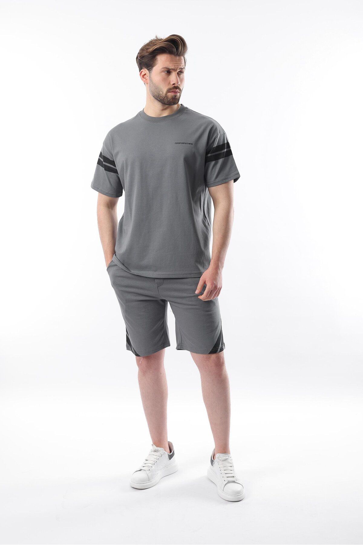 Madmext-Smoked Stripe Detaillierte Herren Shorts T-Shirt Anzug E7301 5