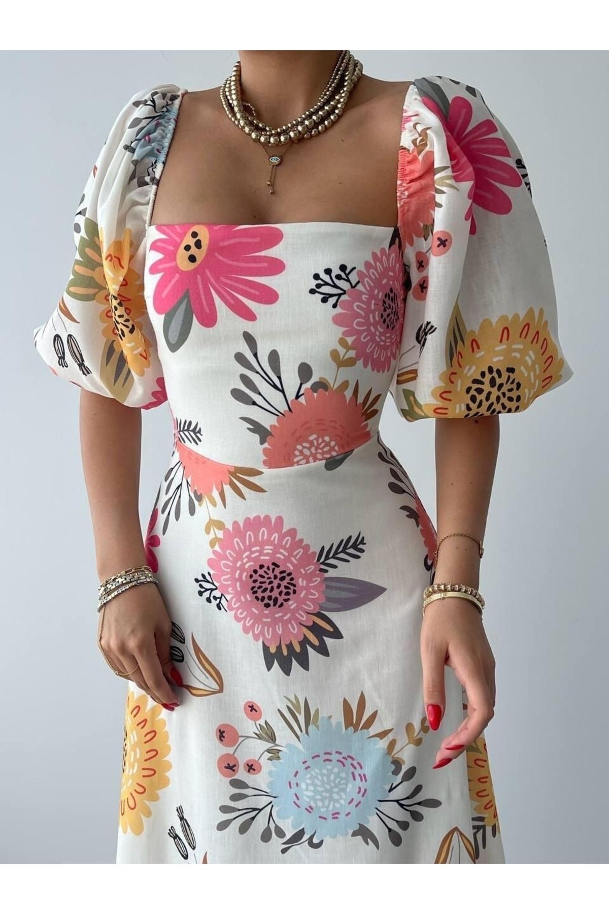 Buklemoda-Floral Patterned Linen Dress 3