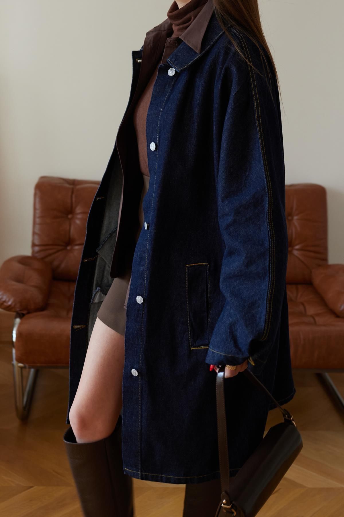 Askı Nişantaşı-Oversize Denim Trench Coat with Dark Blue Gold Stitching Detail 3