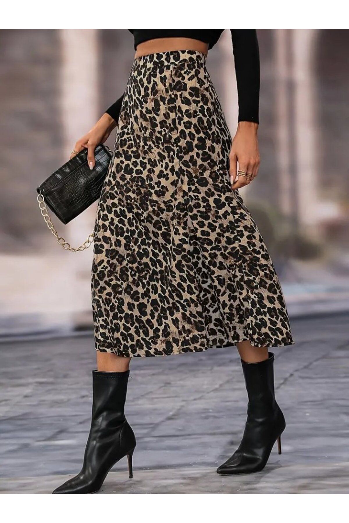 Deridün Yıldız Shoes Kadın Yüksek Bel Leopar Desenli Midi Krep Etek