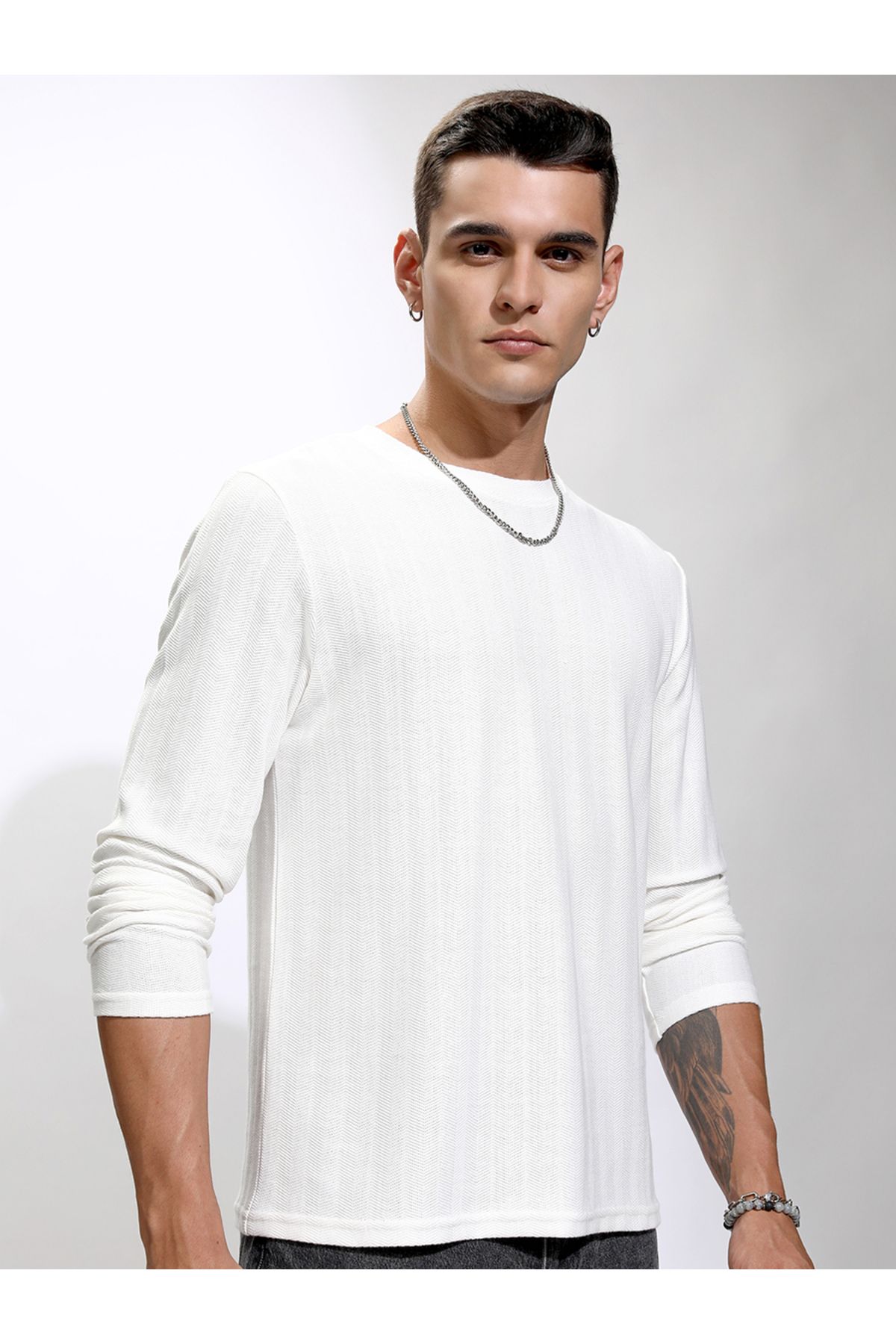 Highlander By Styli-Textured Striped Round Neck Relaxed Fit T-Shirt 6