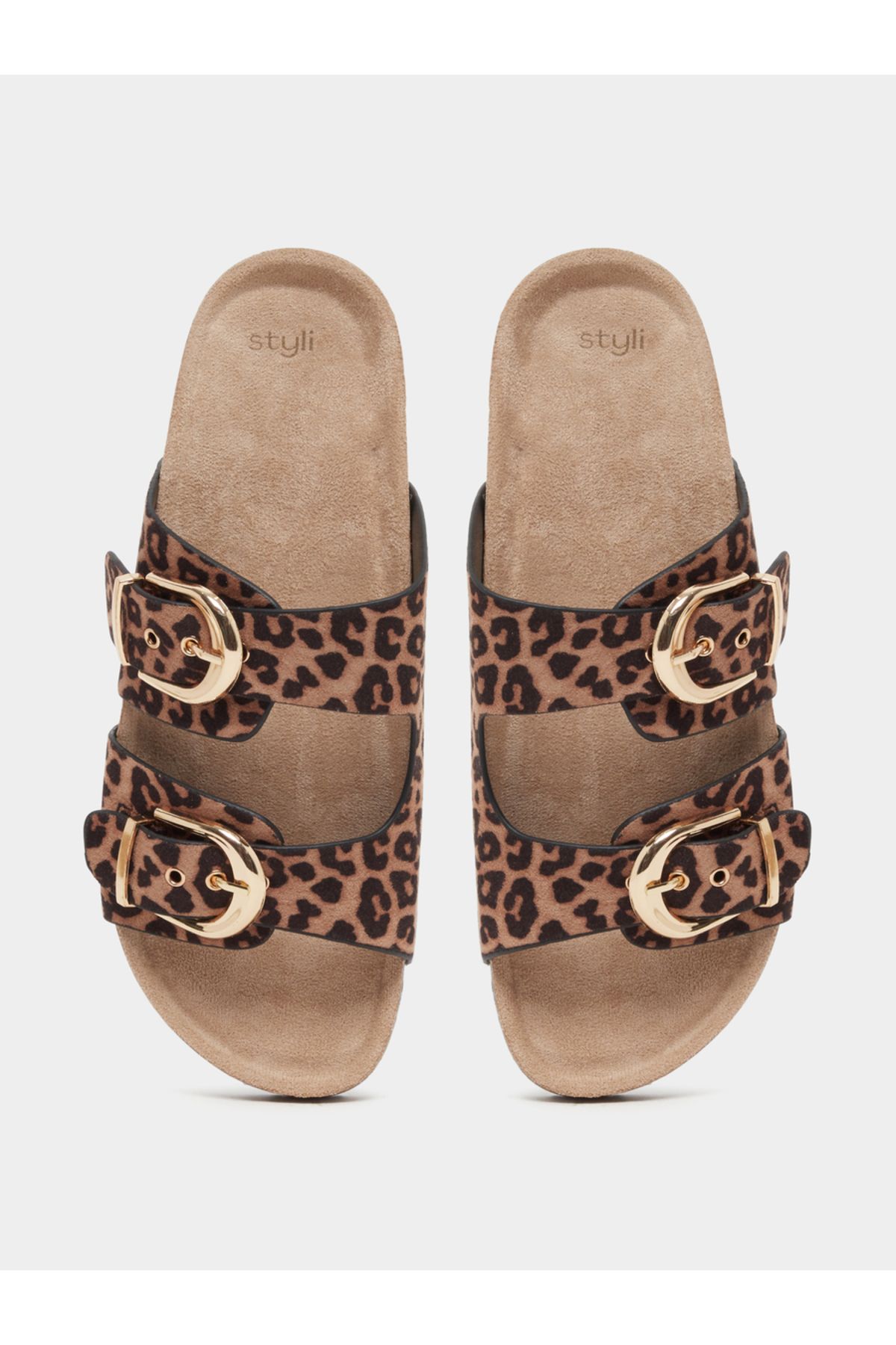 Styli-Leopard Print Buckle Detail Flat Sandals 5