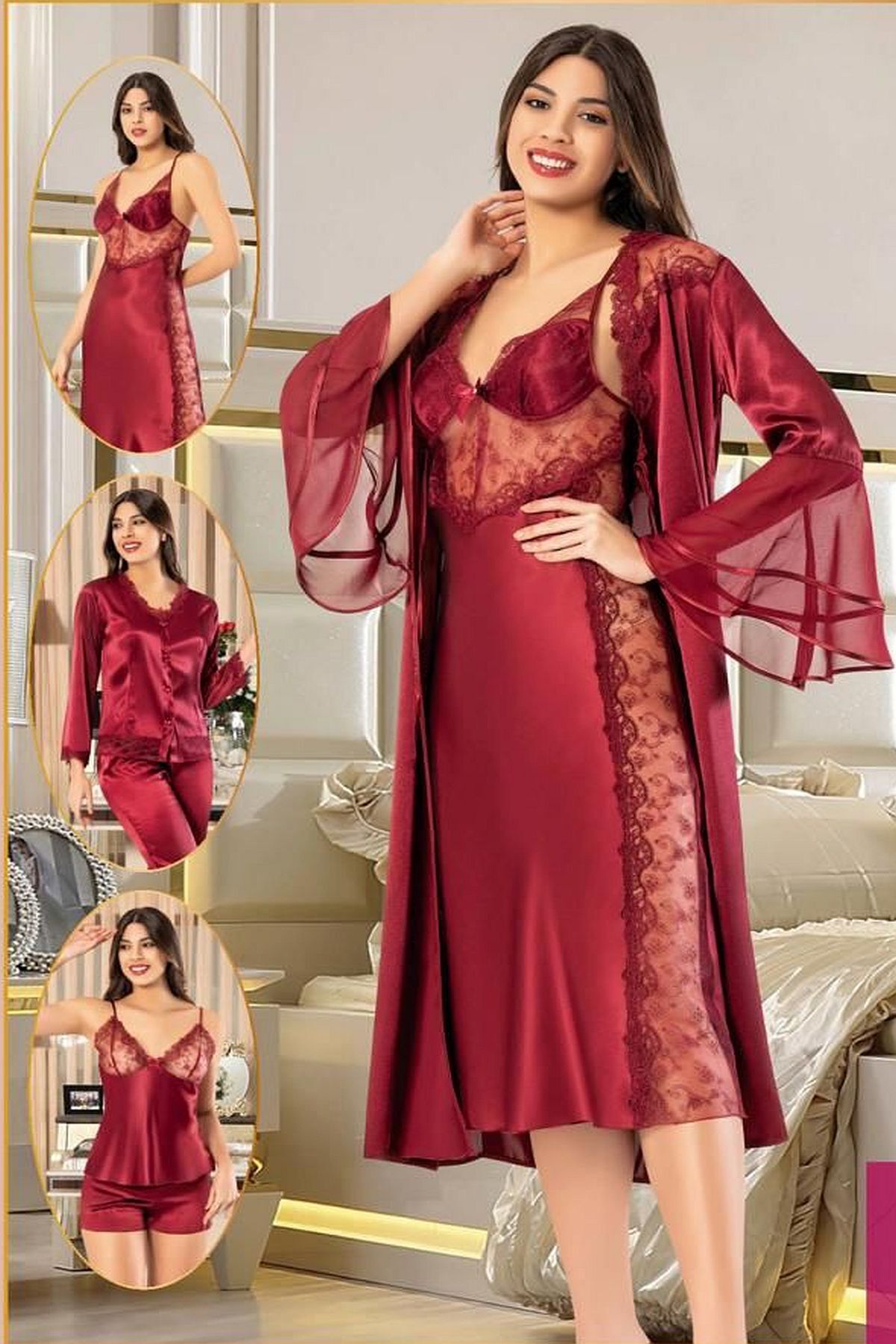 Xses 1005 Kadın Çeyizlik Saten 6'lı Takım-bordo