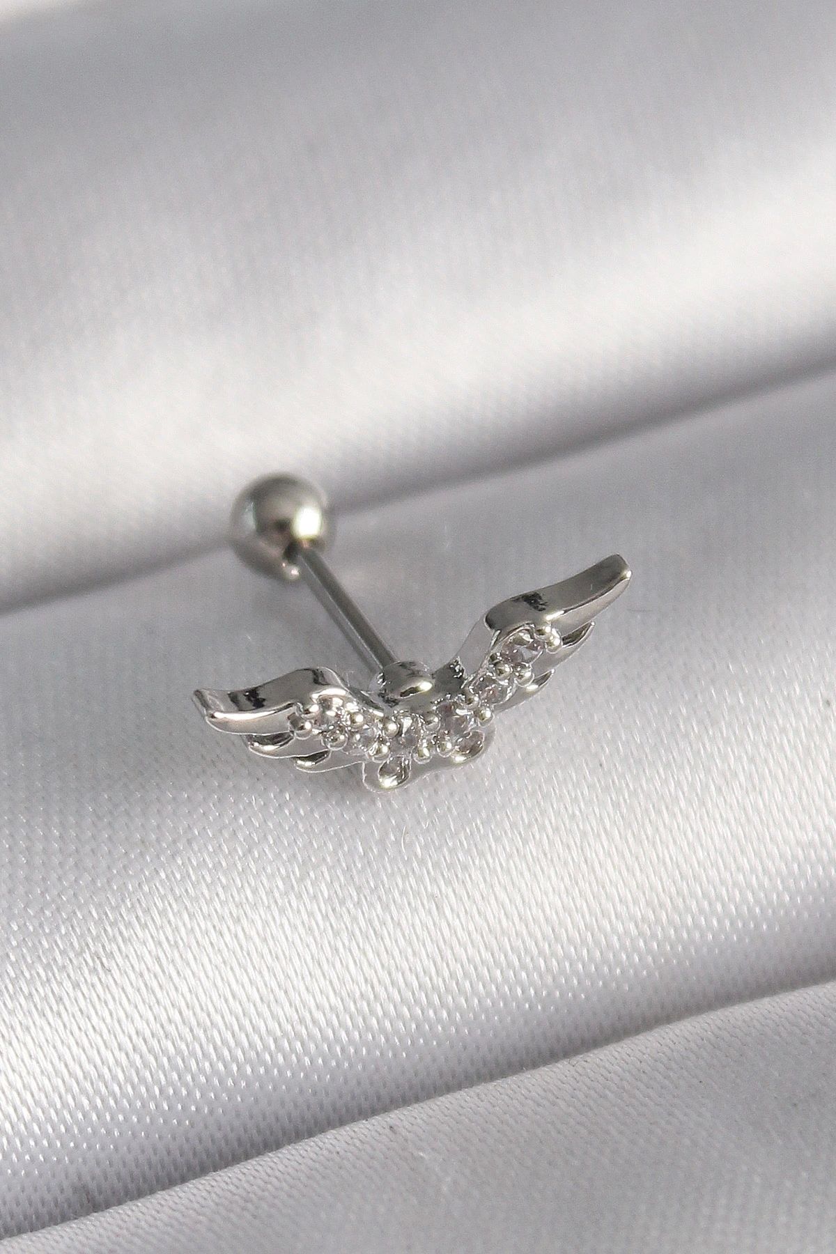 shopwave 316L Çelik Gümüş Renk Zirkon Taş Detay Kanat Model Tragus Piercing