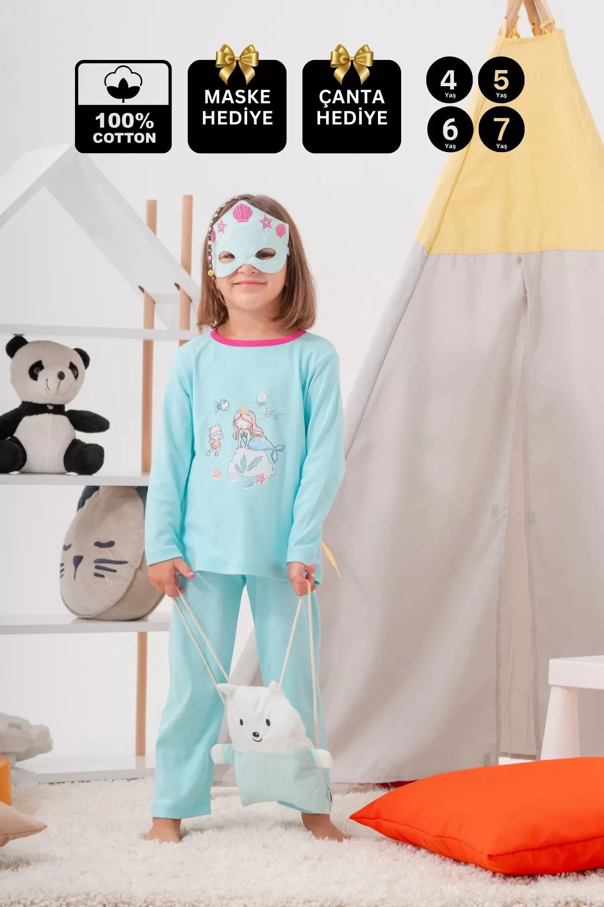 karadağsb Deniz Kızı Desenli Çanta Ve Maskeli % 100 Pamuk Kız Çocuk Pijama Takımı