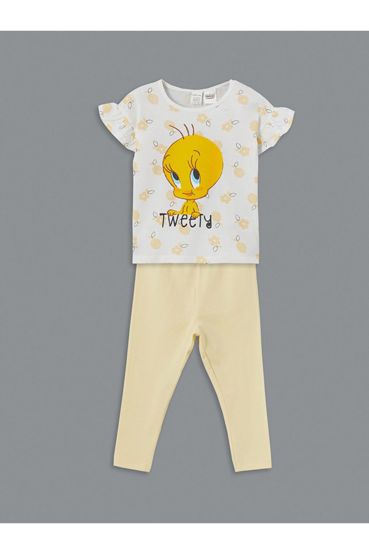 LC Waikiki LCW baby Ekru Bisiklet Yaka Tweety Baskılı Kız Bebek Pijama Takımı