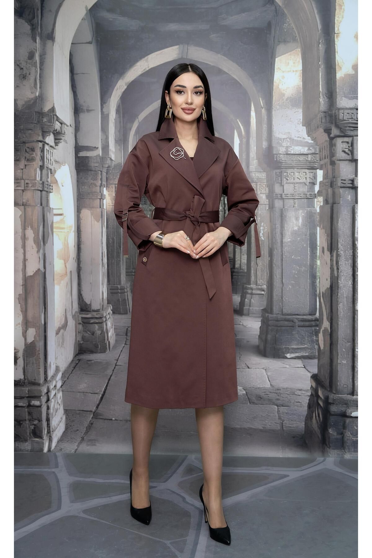 Eccim Fashion-Lined Long Women's Trench Coat with Brooched Sleeves 3