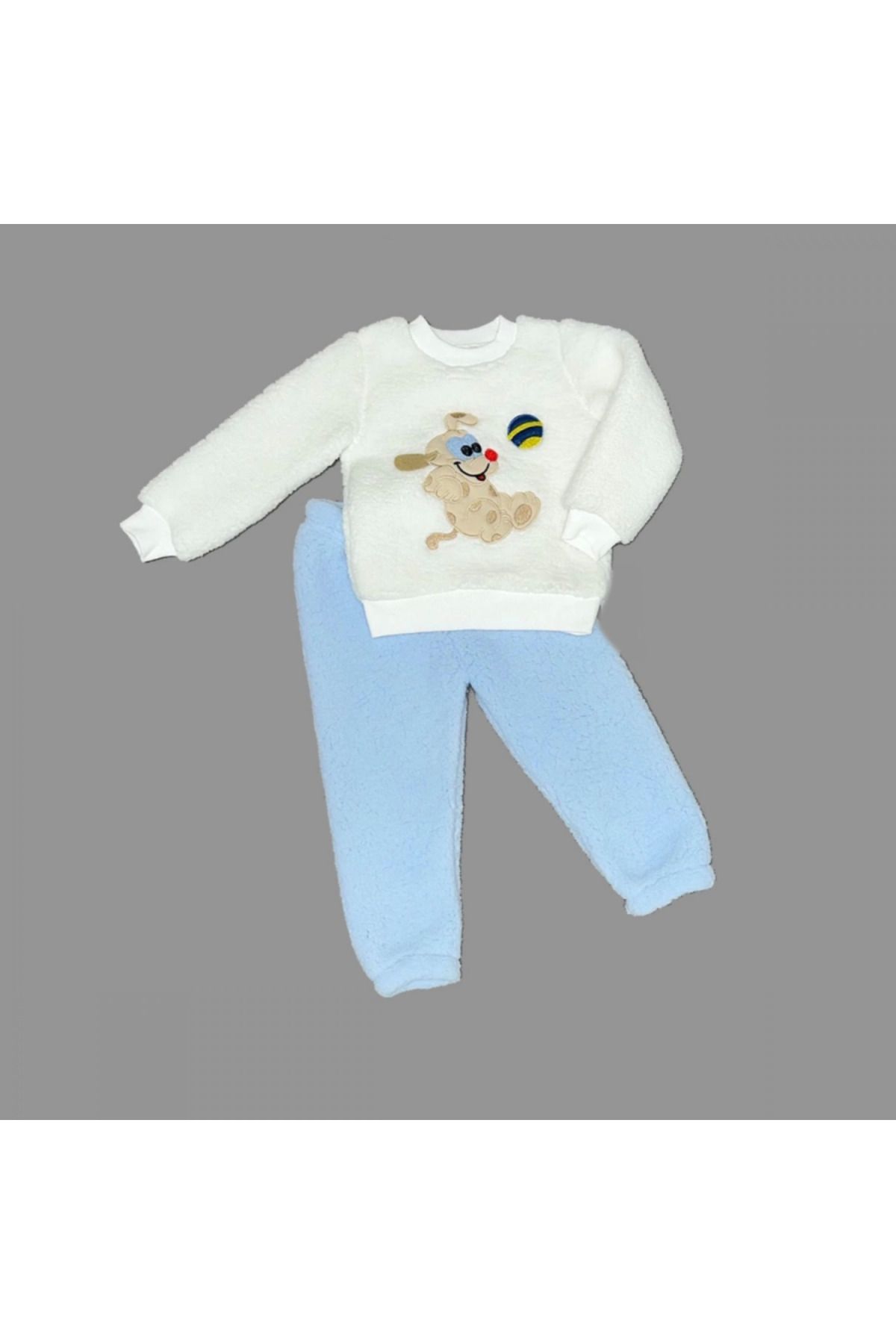 velmorafashion 1-2-3 Yaş Toplu Köpek Nakışlı Kuzu Kumaş Sweat Pantolonlu Uzun Kollu Kız Erkek Bebek Takımı Mavi