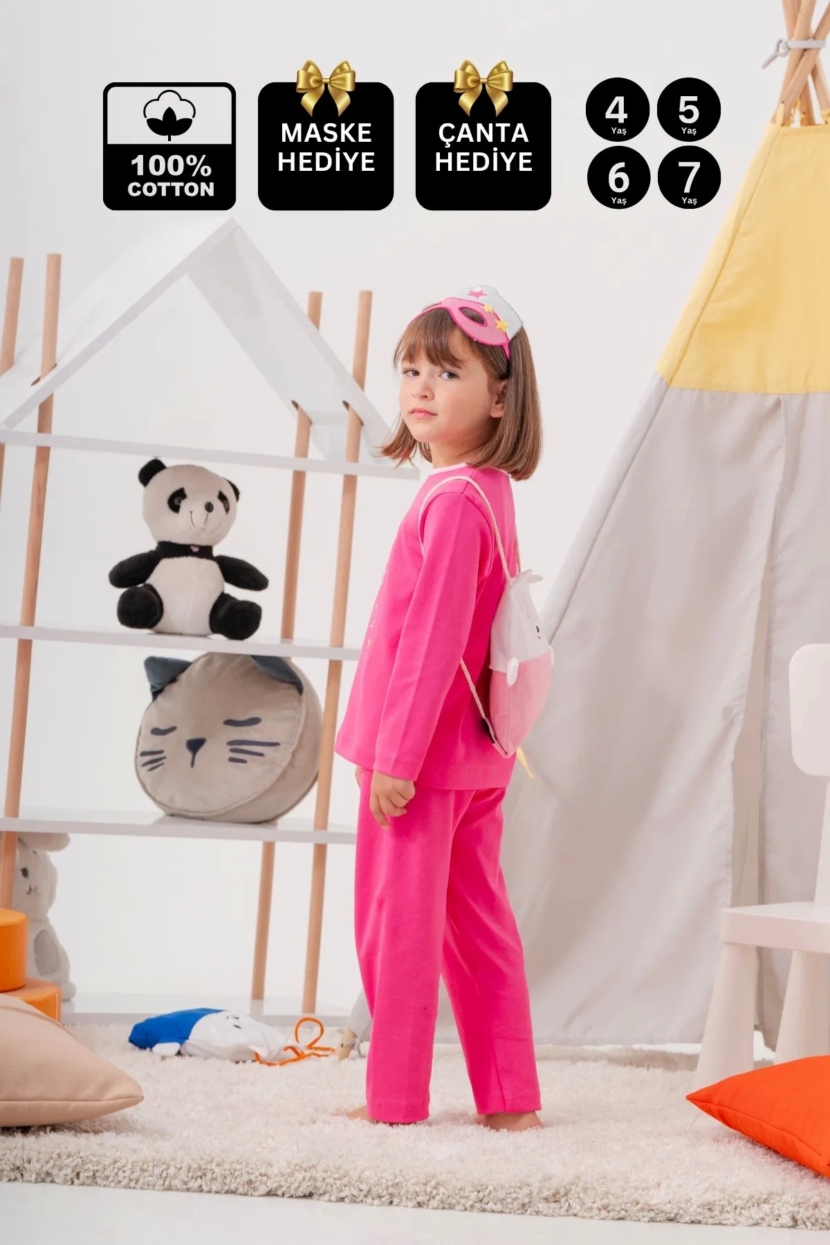 Heroıne Desenli Çanta ve Maskeli % 100 Pamuk Kız Çocuk Pijama Takımı