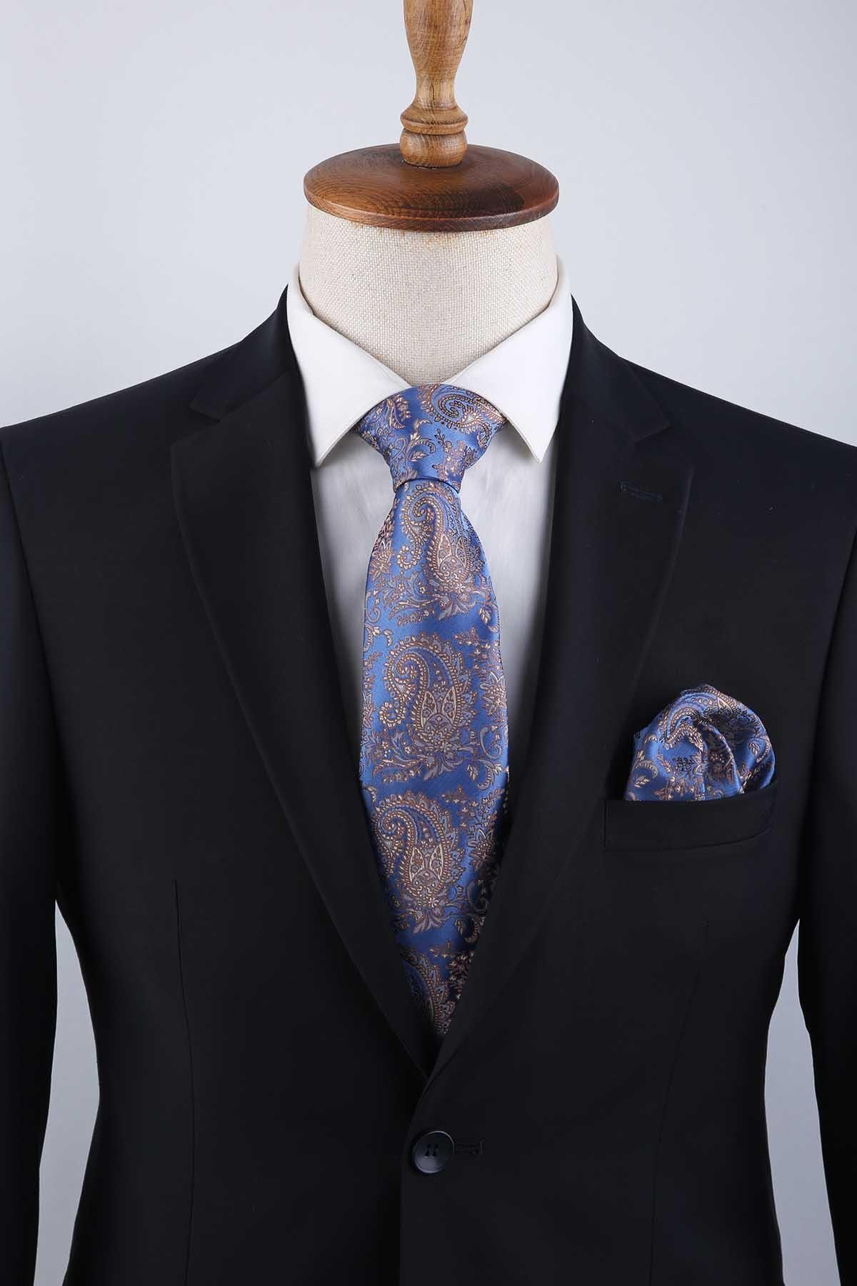 Kravatkolik-Classic Tie with Blue Paisley Pattern Handkerchief Kk13125 3